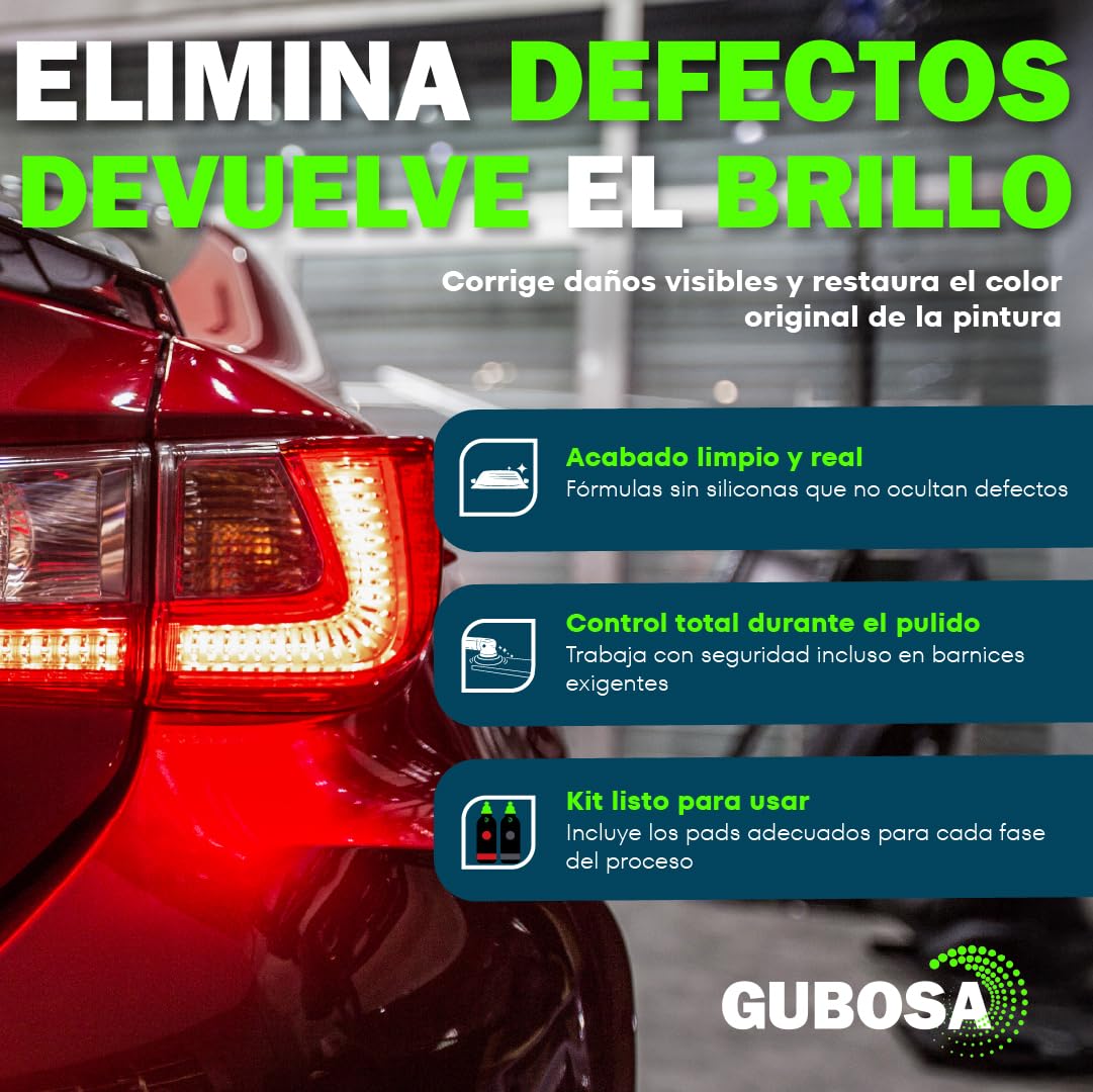 Kit limpieza coche pulimento para arañazos alto corte y super brillo polish que quita arañazos con esponjas 150 mm detailing y reparador de rayones car scratch remover 500 ml | GUBOSA