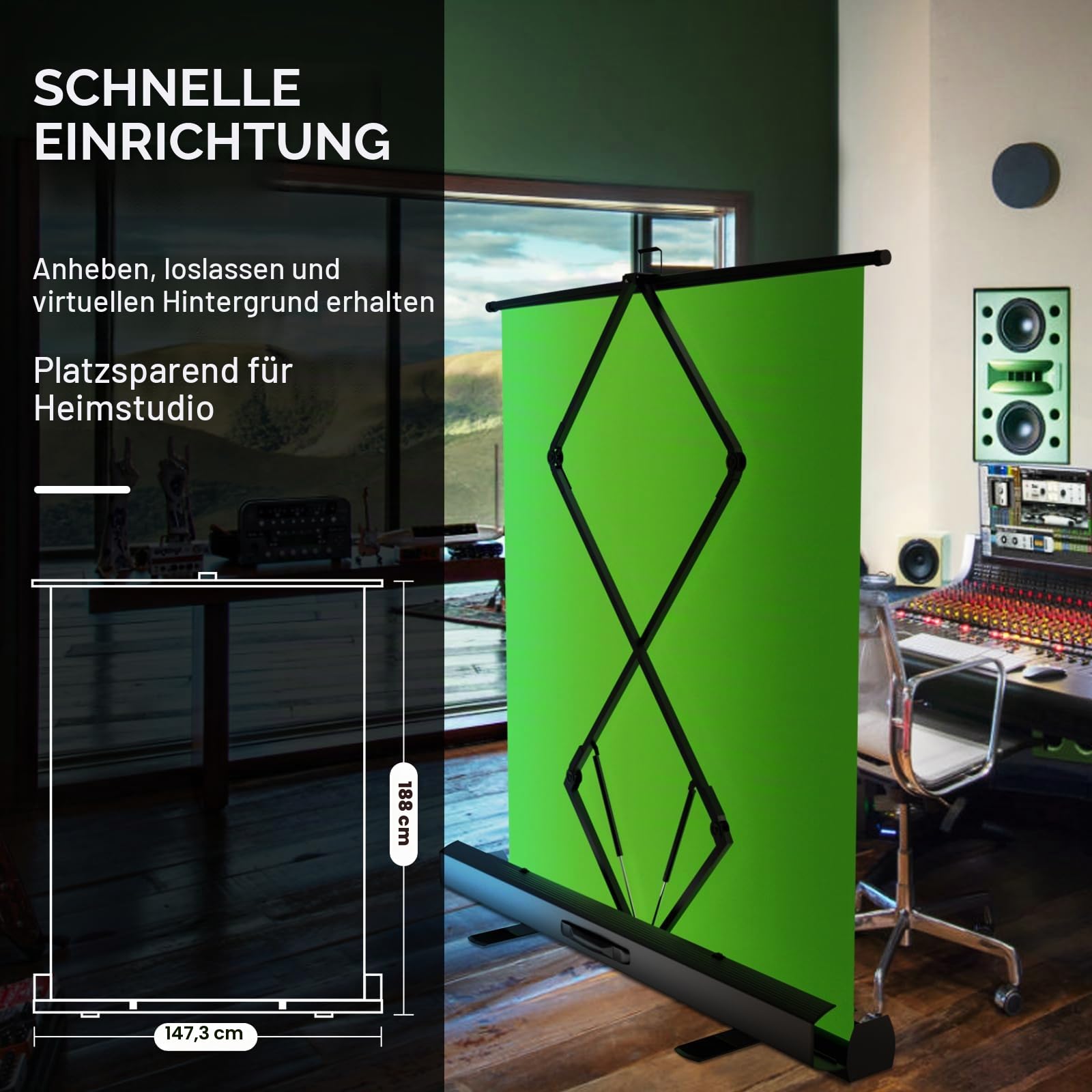 EMART Green Screen 155 x 184 cm, Greenscreen Rollup Fotohintergrund | Grüner Foto Hintergrund mit Ständer, Fotostudio, Streaming, Videokonferenzen, TikTok, Zoom