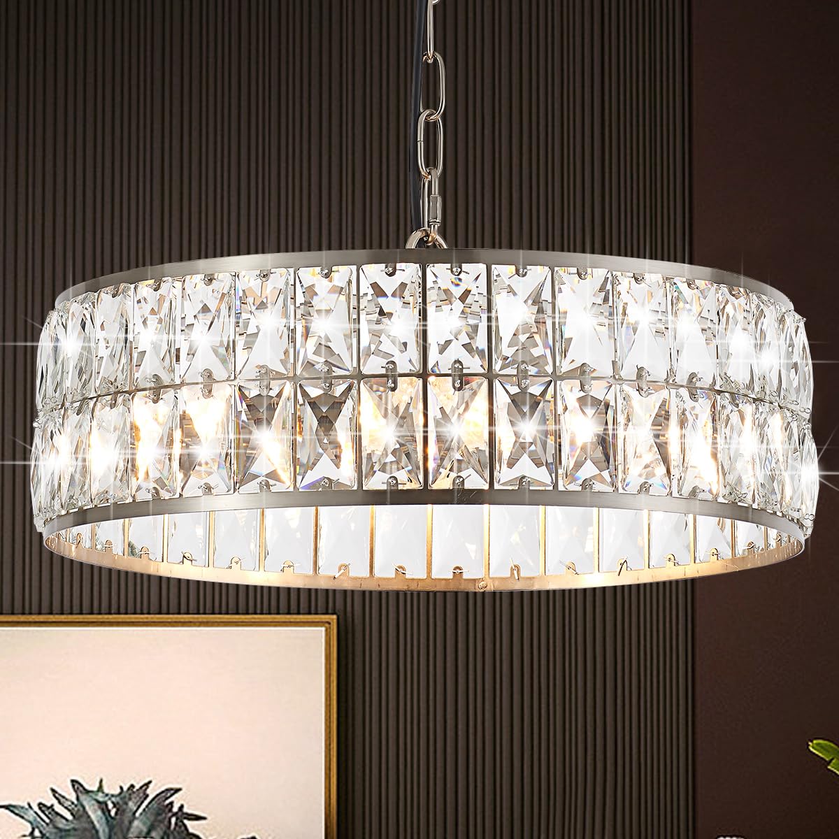 16” 4-Light Modern Crystal Chandeliers Nickel Dinning Room Light Fixture, Round Pendant Light Kitchen Island Chandelier, Flush Mount Ceiling Light for Living Room Entryway Bedroom Foyer