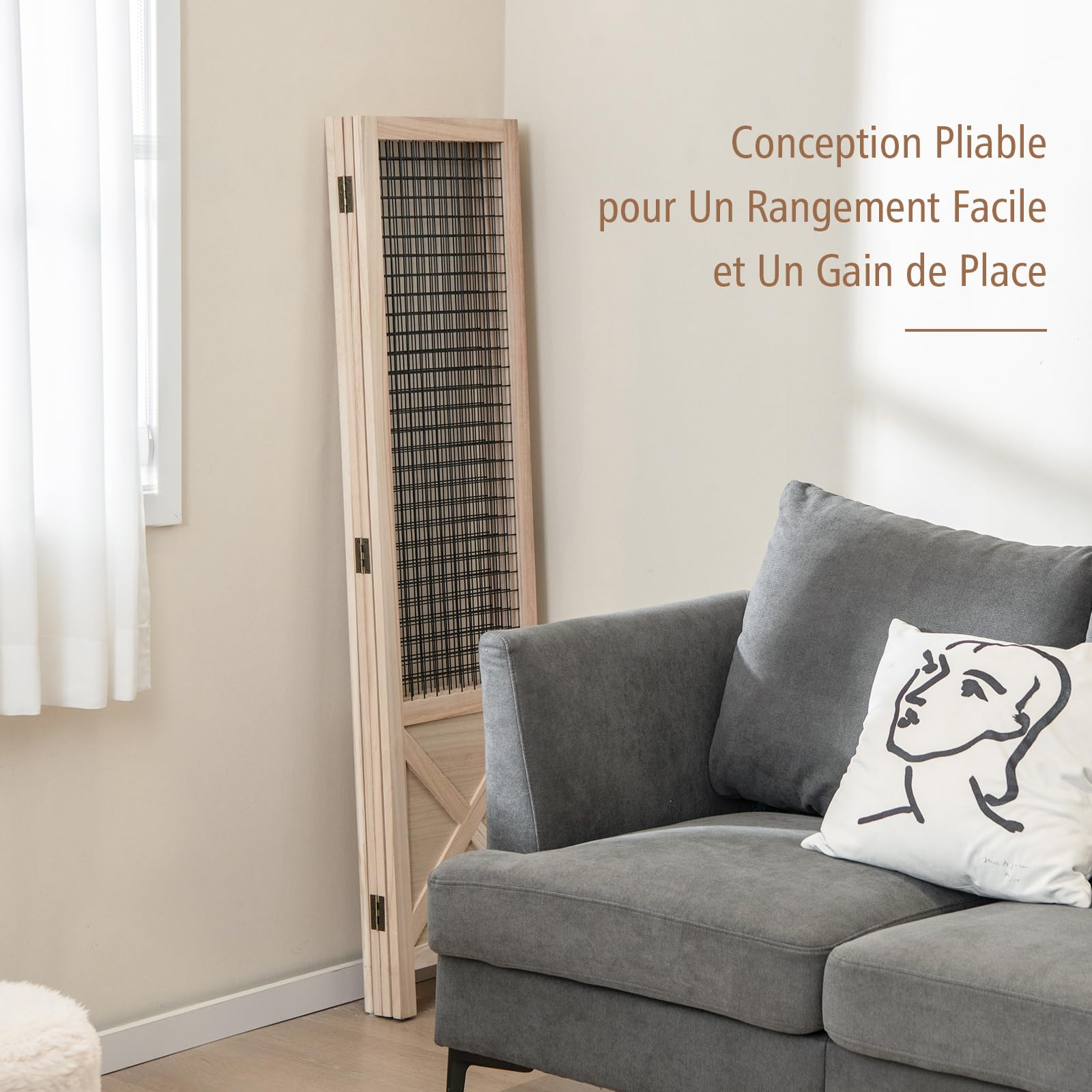 COSTWAY Paravent Interieur 4 Panneaux 151 x 144 cm, Separateur de Pieces Pliable, Bois en Paulownia, Grille, Closion de Separation Interieur, Pieds Antidérapants, pour Chambre Bureau Salon, Naturel