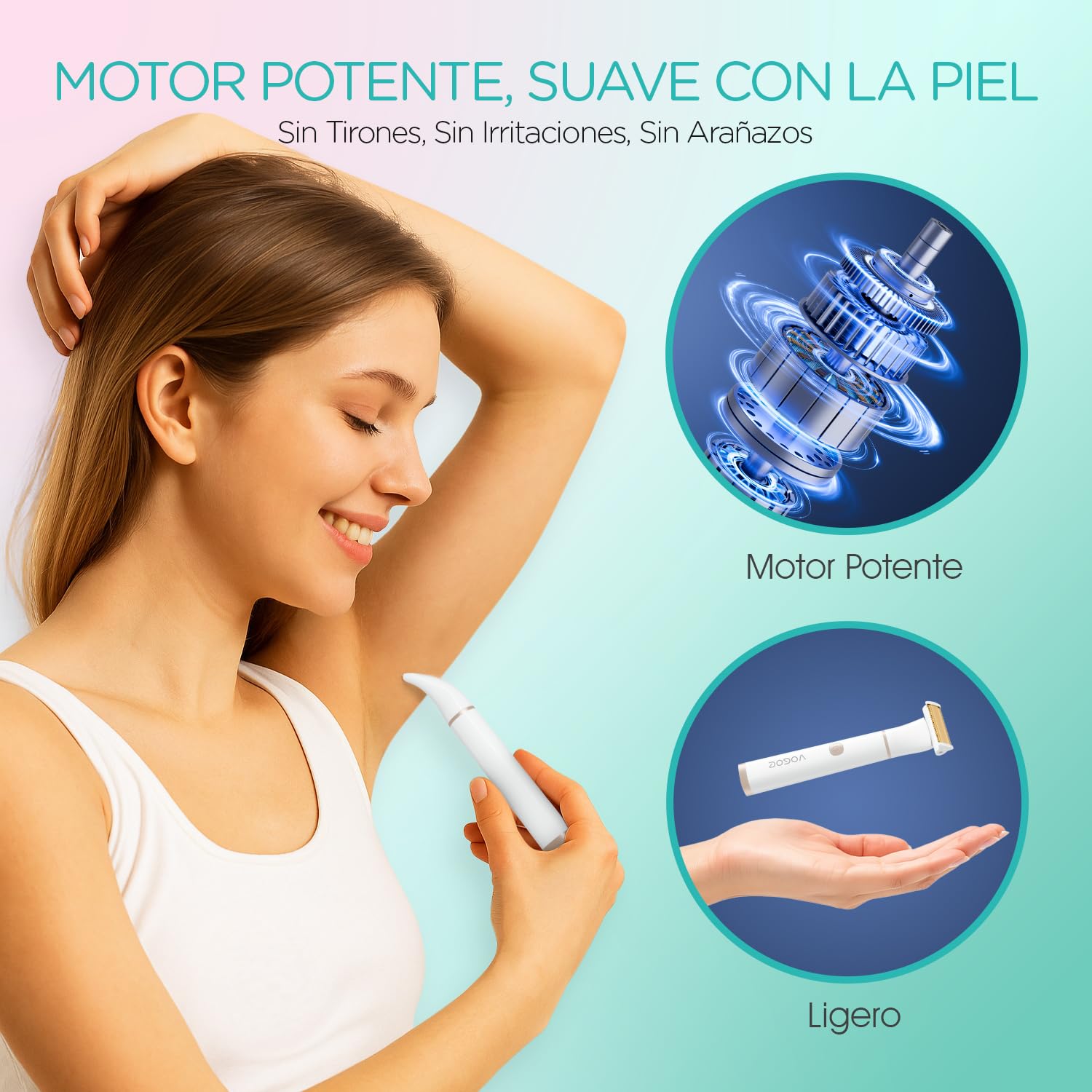 VOGOE Rasuradora Mujer Zona Intima, Afeitadora Mujer 3 en 1 para Cuerpo, Cara y Área del Bikini, Afeitadora Electrica Mujer Recargable, Compacta e Impermeable (Blanco)