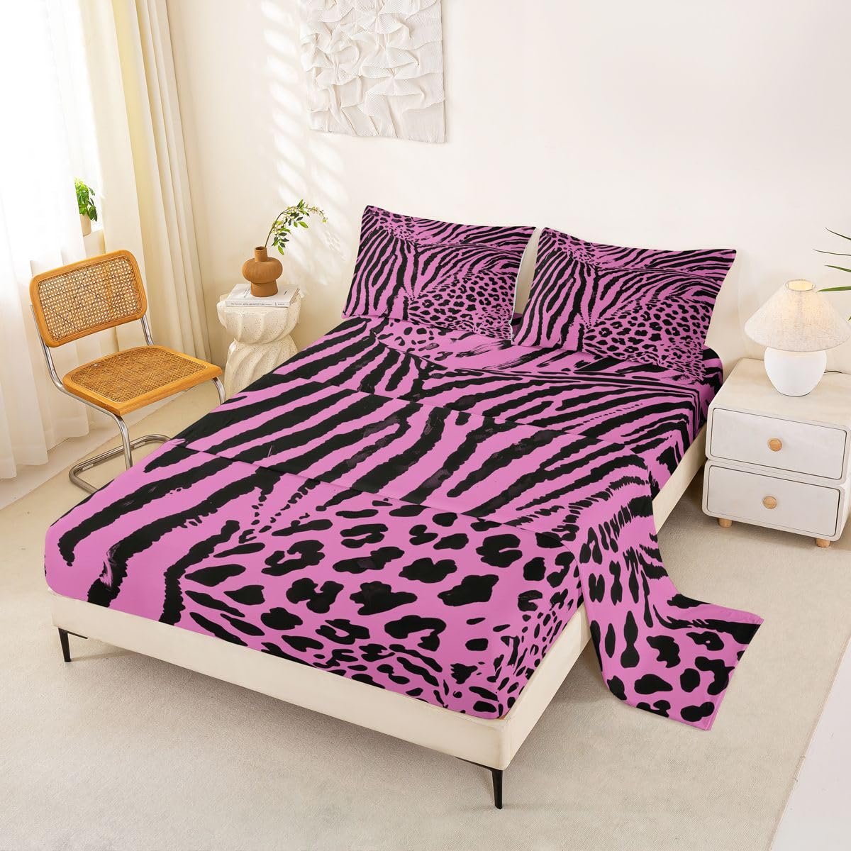 Homewish Zebra Leopard Print Prześcieradła Podwójne Paski Zebra Zestaw Pościeli Gorący Różowy Estetyczny Nadruk Zwierząt Zestaw Pościeli - Czarne Abstrakcyjne Geometryczne Linie Dopasowane Płaskie