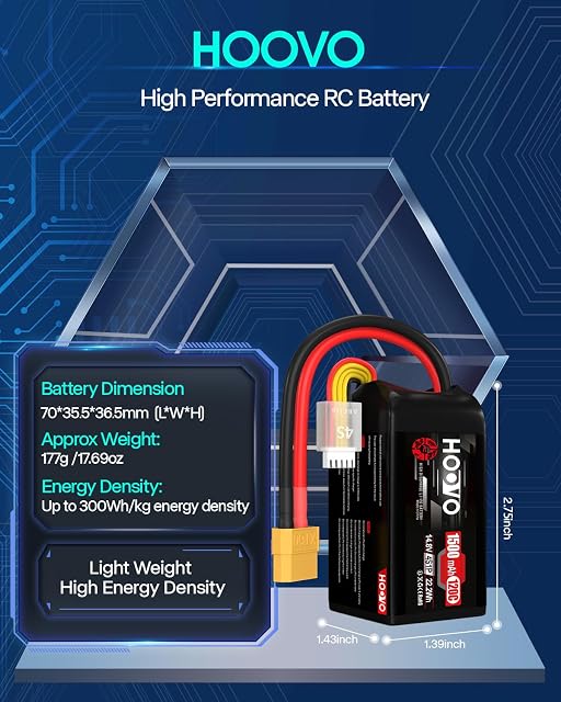 Foto 4 de 7 de HOOVO 4S Lipo RC - Batería de polímero de litio (14,8 V, 120 C, 1500 mAh, con conector XT60…