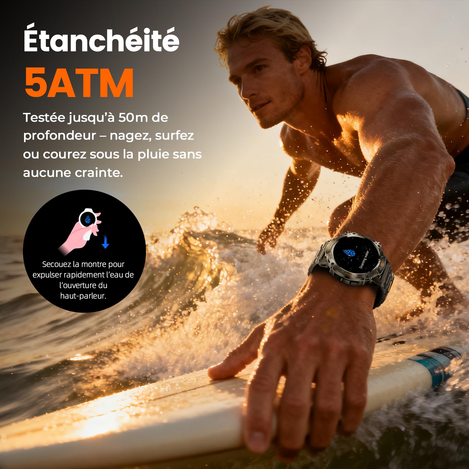 WalkerFit Montre Connectée Homme Outdoor, 1,43'' AMOLED Lisible au Soleil, Étanche 5ATM, Appels Bluetooth, Autonomie 60 Jours, Boussole, 170+ Modes Sport, Smartwatch Android/iOS (Noir)