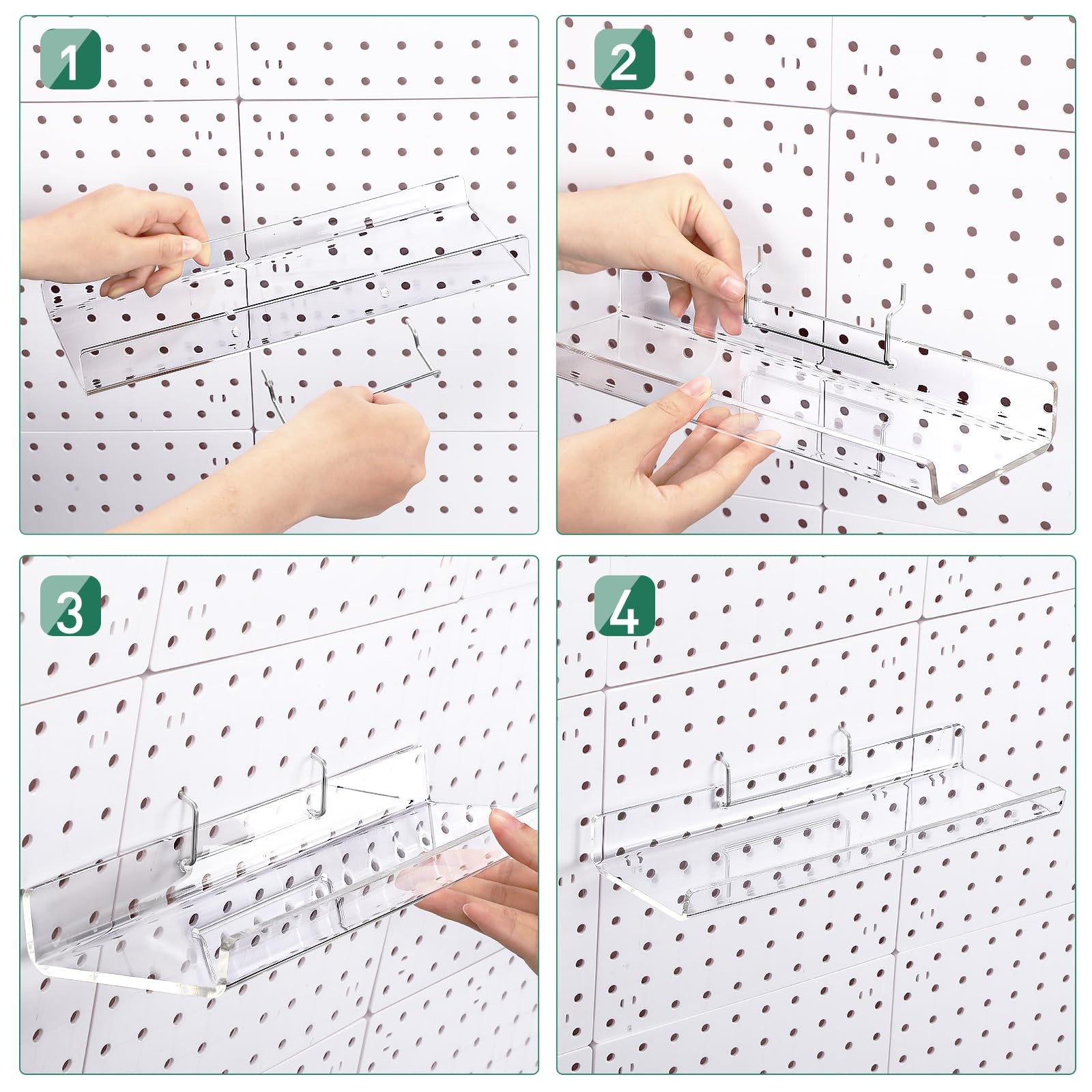 Lounsweer Juego de 4 estantes de acrílico transparente con ganchos de metal, organizador de tablero de clavijas, accesorios en forma de U, estante de almacenamiento para pared, sala de manualidades,