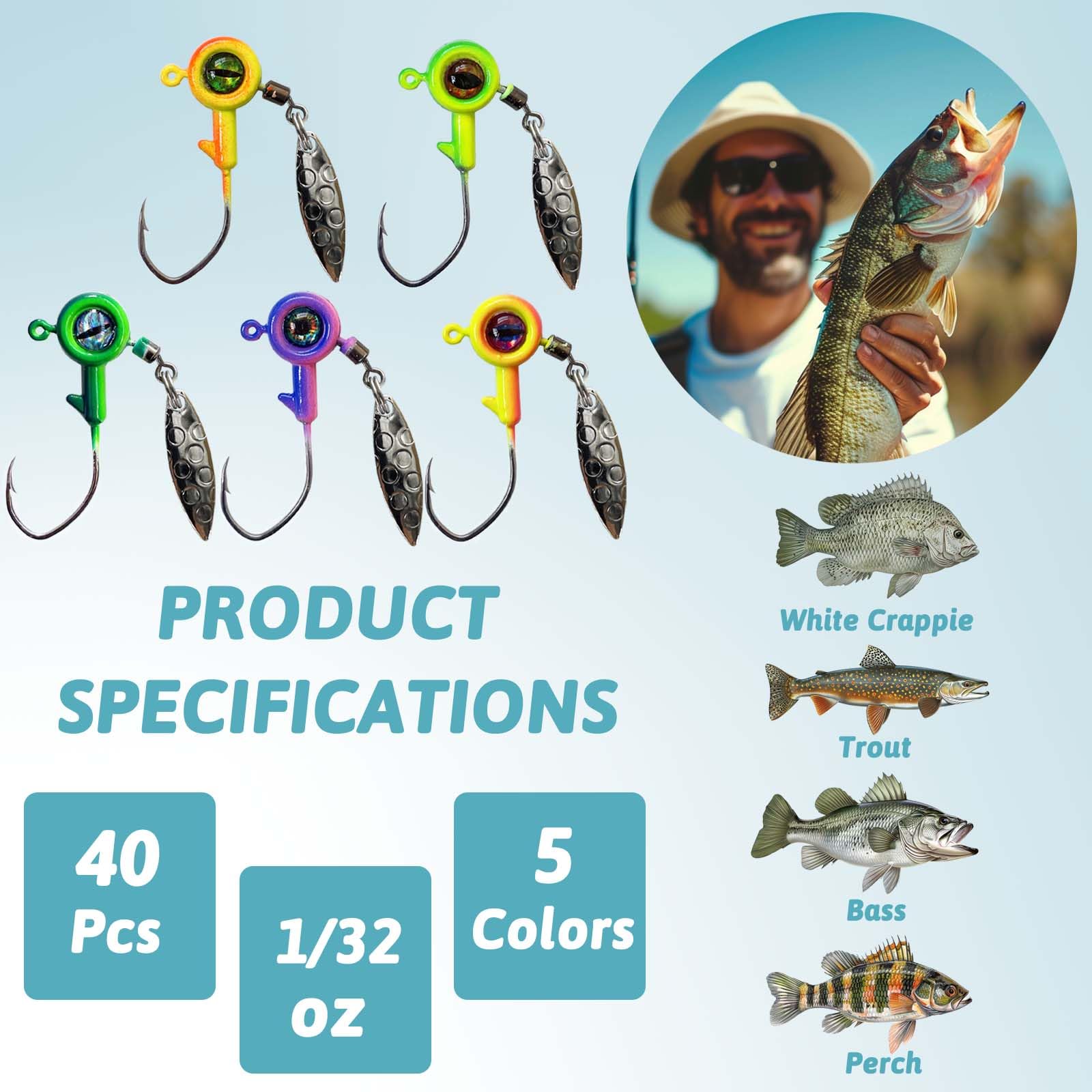 Crappie Jigs with Spinner - 1/32 oz, 1/16 oz, 1/8 oz Underspin Jig Heads for Crappie, Panfish, Bass - 40pcs