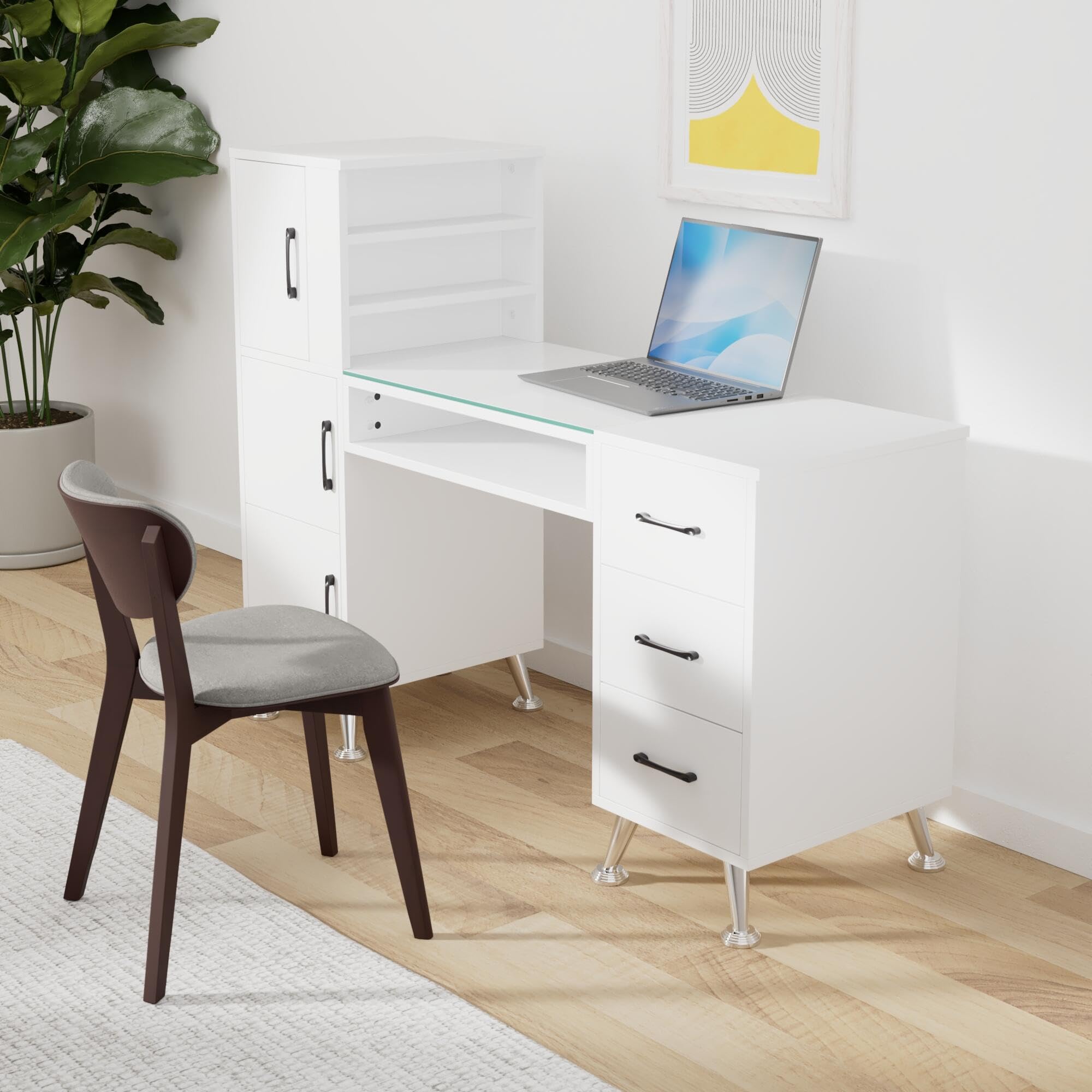 BarberPub Manicure Table, Nail Makeup Desk with Drawers, Storage Beauty Salon Workstation 2611 (White)