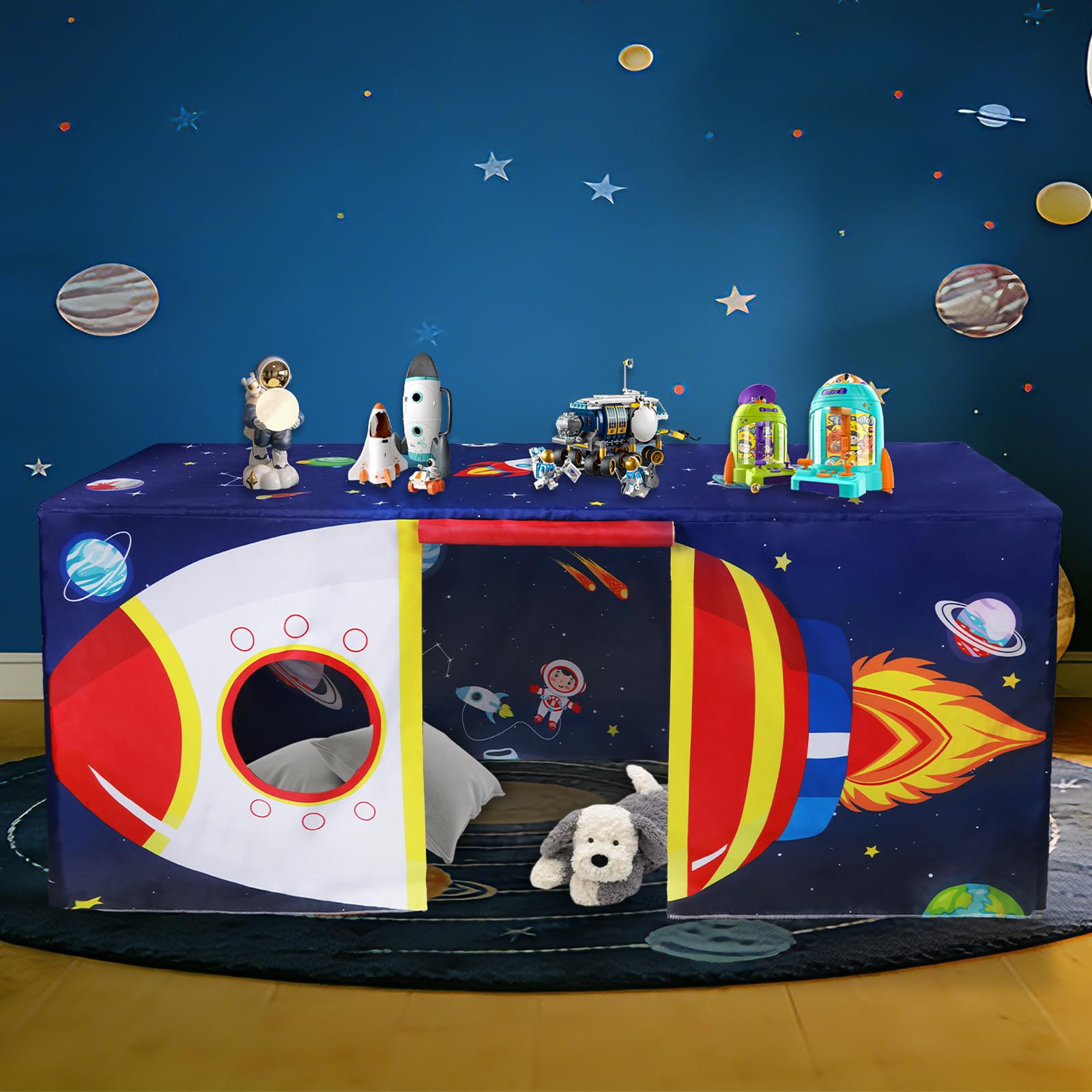 gisgfim Space Rocket Ship Playhouse Tablecloth Large Solar System Table Fort Tent Cover Playhouse Outer Space Theme Table Cover Galaxy Planets Astronaut Rocket Tablecloth for Birthday Party Supplies