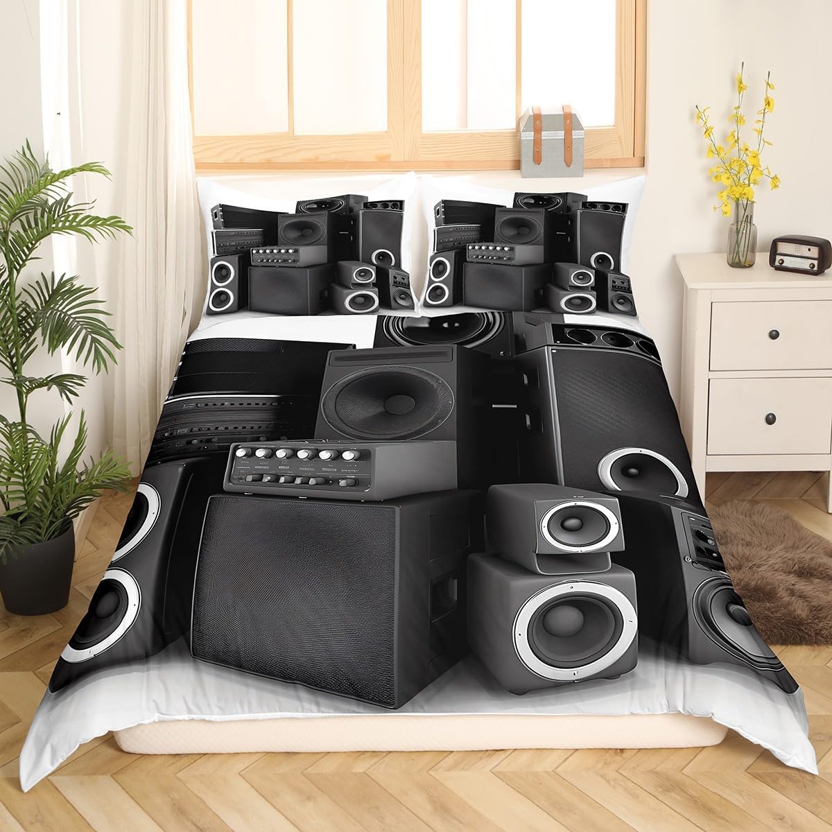 Feelyou 3D Speaker Duvet Cover Set Rock Music Theme Bedding Set for Kids Boys Teens Hip Pop Musical Comforter Cover Music Hipster Quilt Cover Bedroom Collection 3Pcs Queen Size,Black