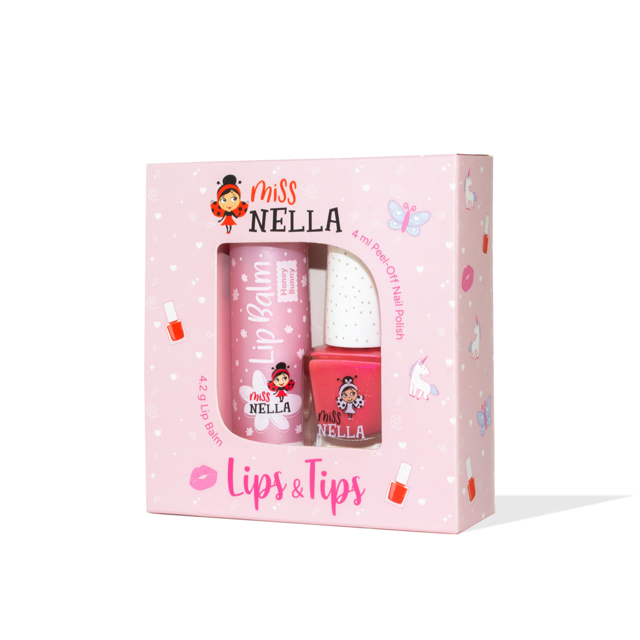 Miss Nella Nail Polish + Lip Balm set- Special Pink Glitter Nail Polish for Kids- WATERMELON POPSICLE, with Peel-off, Water Based & Odour Free Formula + HONEY BUNNEY pink hypoallergenic lip balm