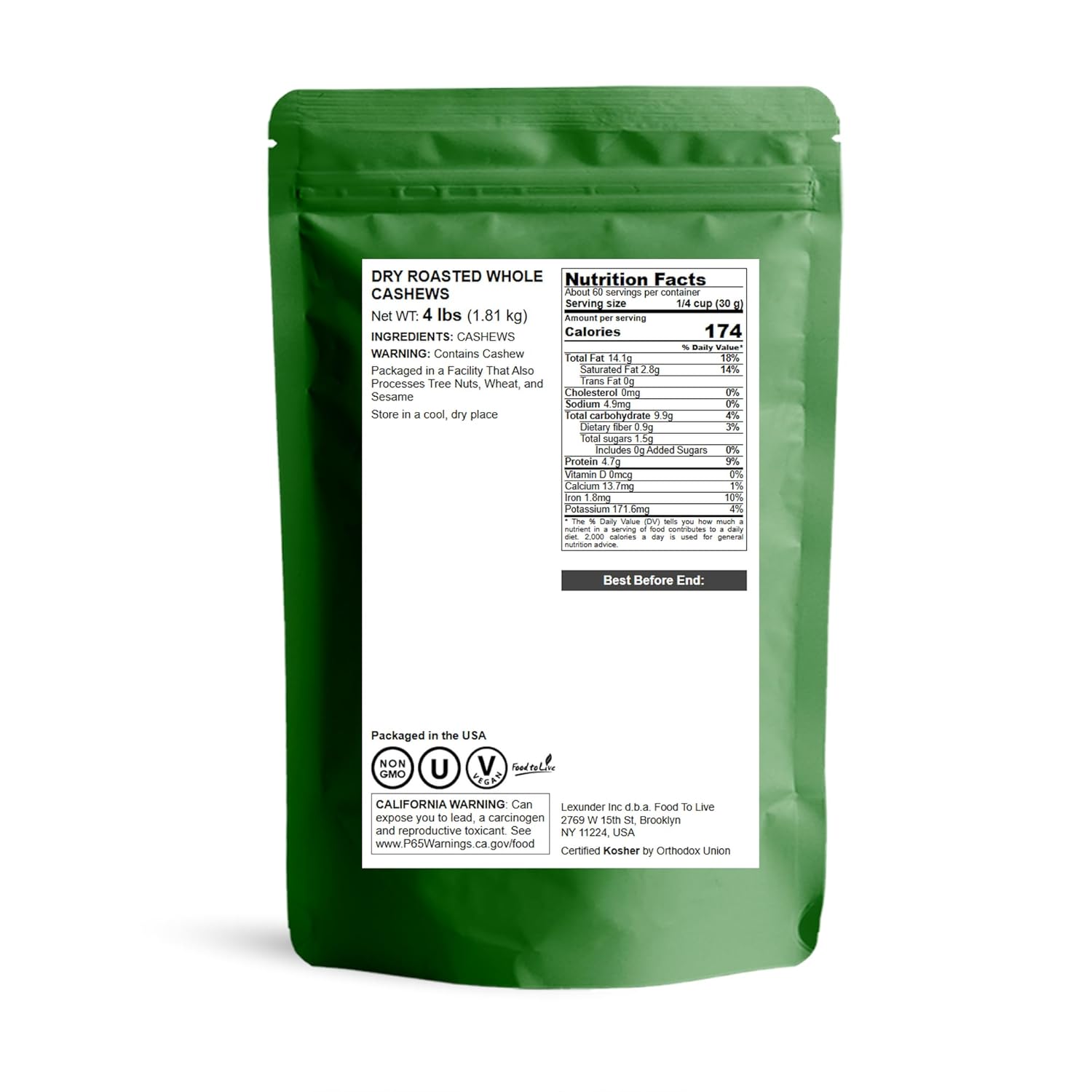 Food to Live Dry Roasted Whole Cashews, 4 Pounds Unsalted, Oven Roasted Nuts, No Oil Added, Kosher, Vegan, Bulk. Crunchy Texture. Good Source of Protein and Fats