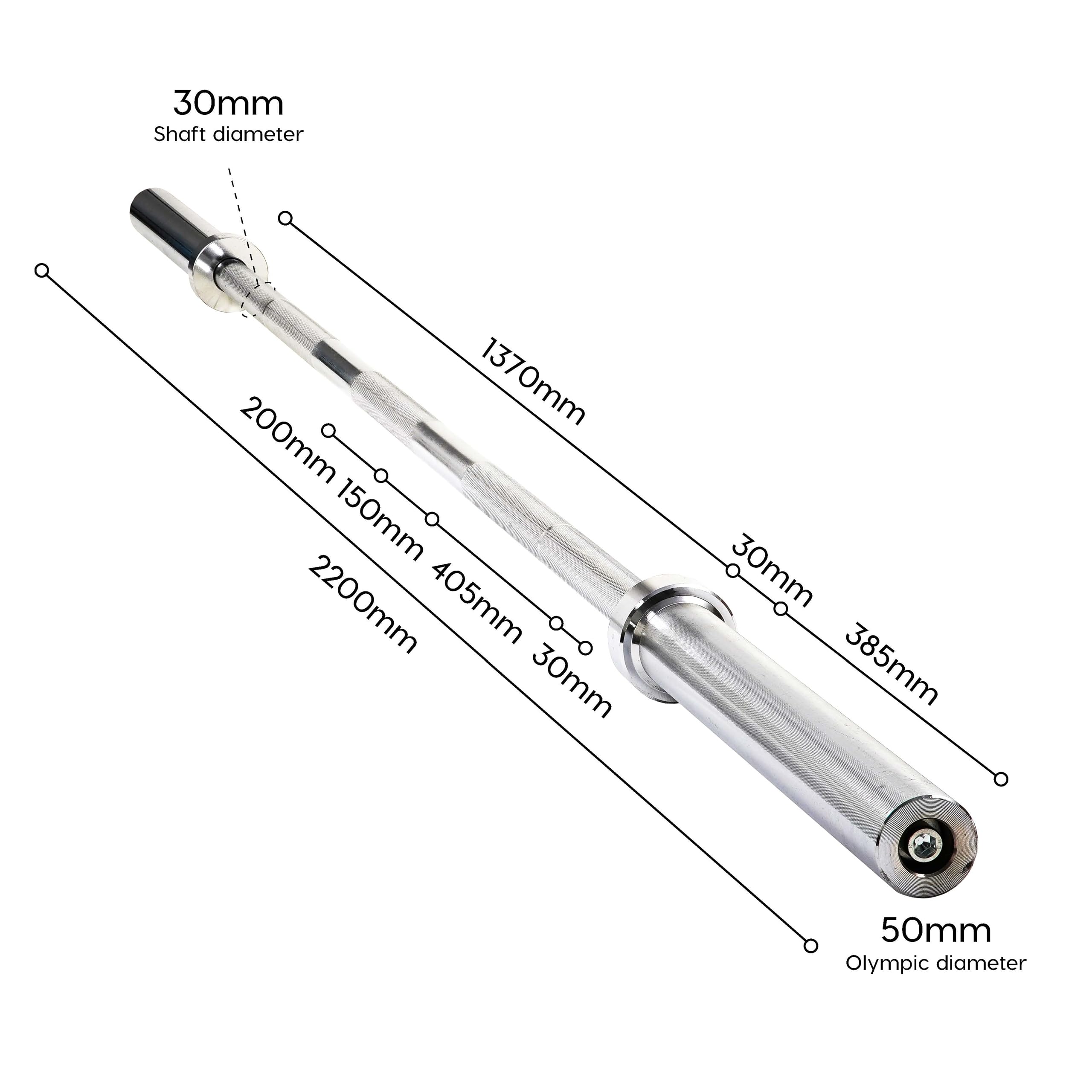 wuuhoo® Barre d'Haltère longue Herkules – 220cm Barre de Musculation, Compatible avec les plaques olympiques 50mm, Acier chromé, Ø 30mm Poignées moletées – Équipement de Gym à Domicile