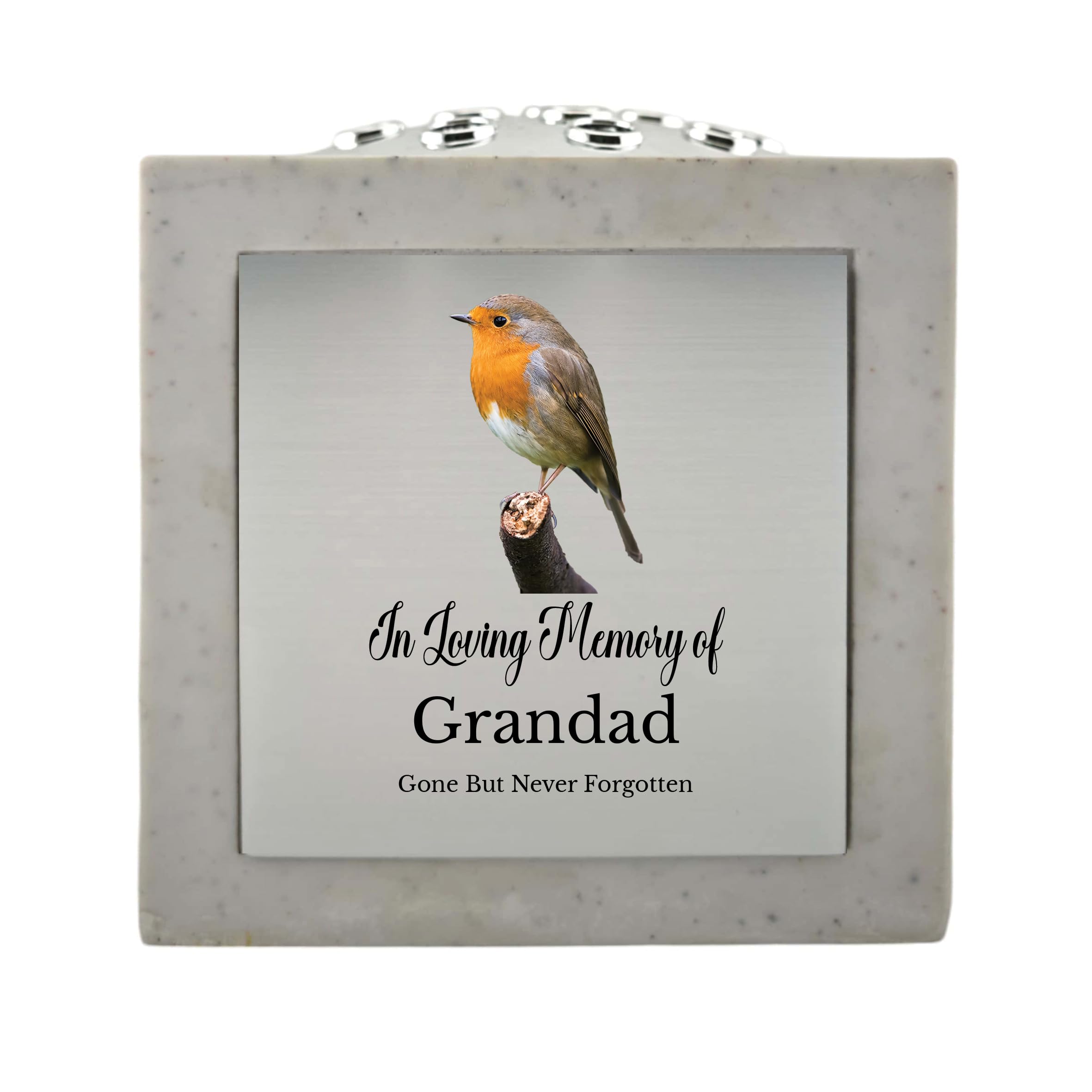 1Stclassgifts White In Loving Memory Of Memorial Rose Bowl Grave Marker Flower Pot Vase With Robin Design Mum Dad Grandad & Lots More /Silver (Uv Printed) (Grandad)