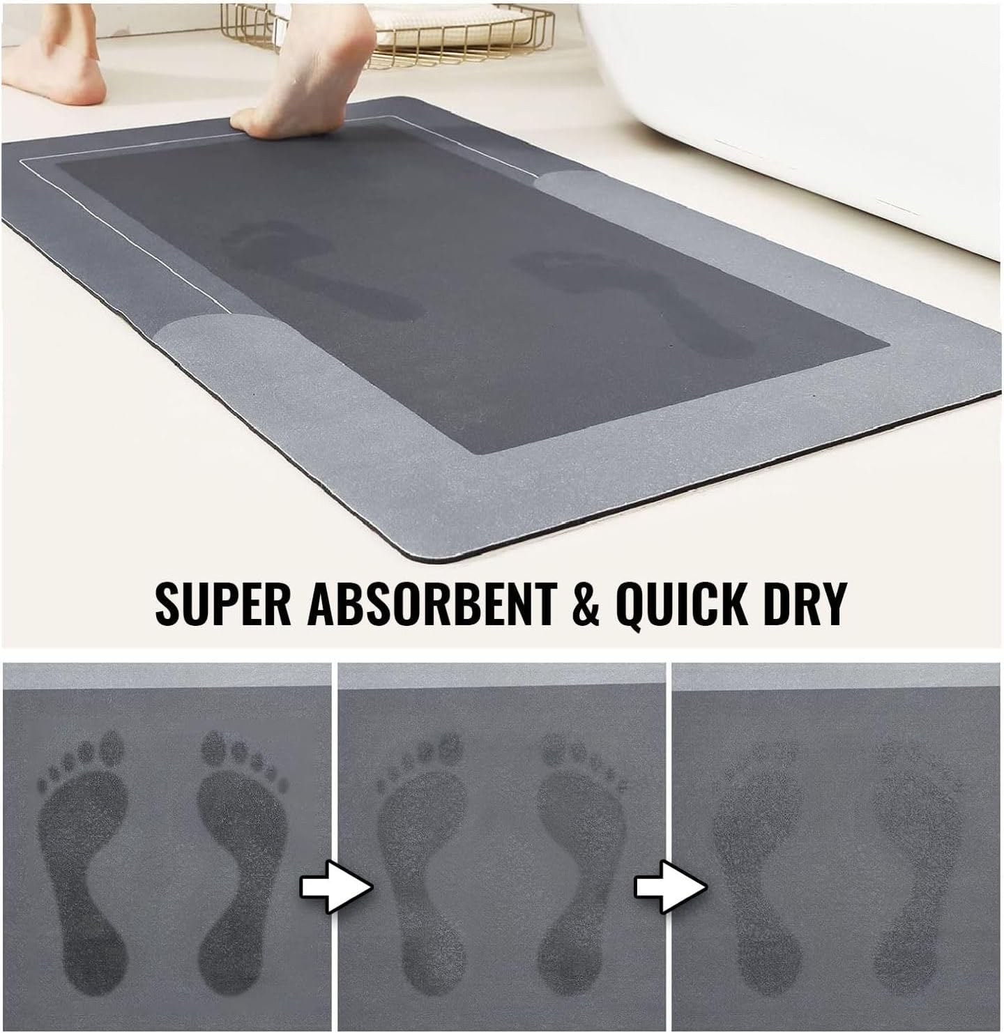 3PCS Non-Slip Bathroom Rug Set, Super Absorbent Quick-Dry Mats, Rubber Backed Washable Runner & U-Shaped Toilet Mat for Bathroom and Kitchen, Light Gray - Image 3