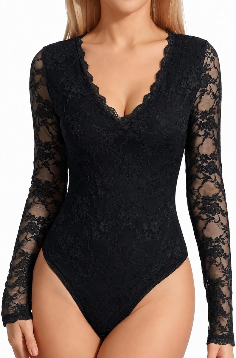MANGOPOP Women's Sexy Lace Long Sleeve V Neck Bodysuit Fall Tops