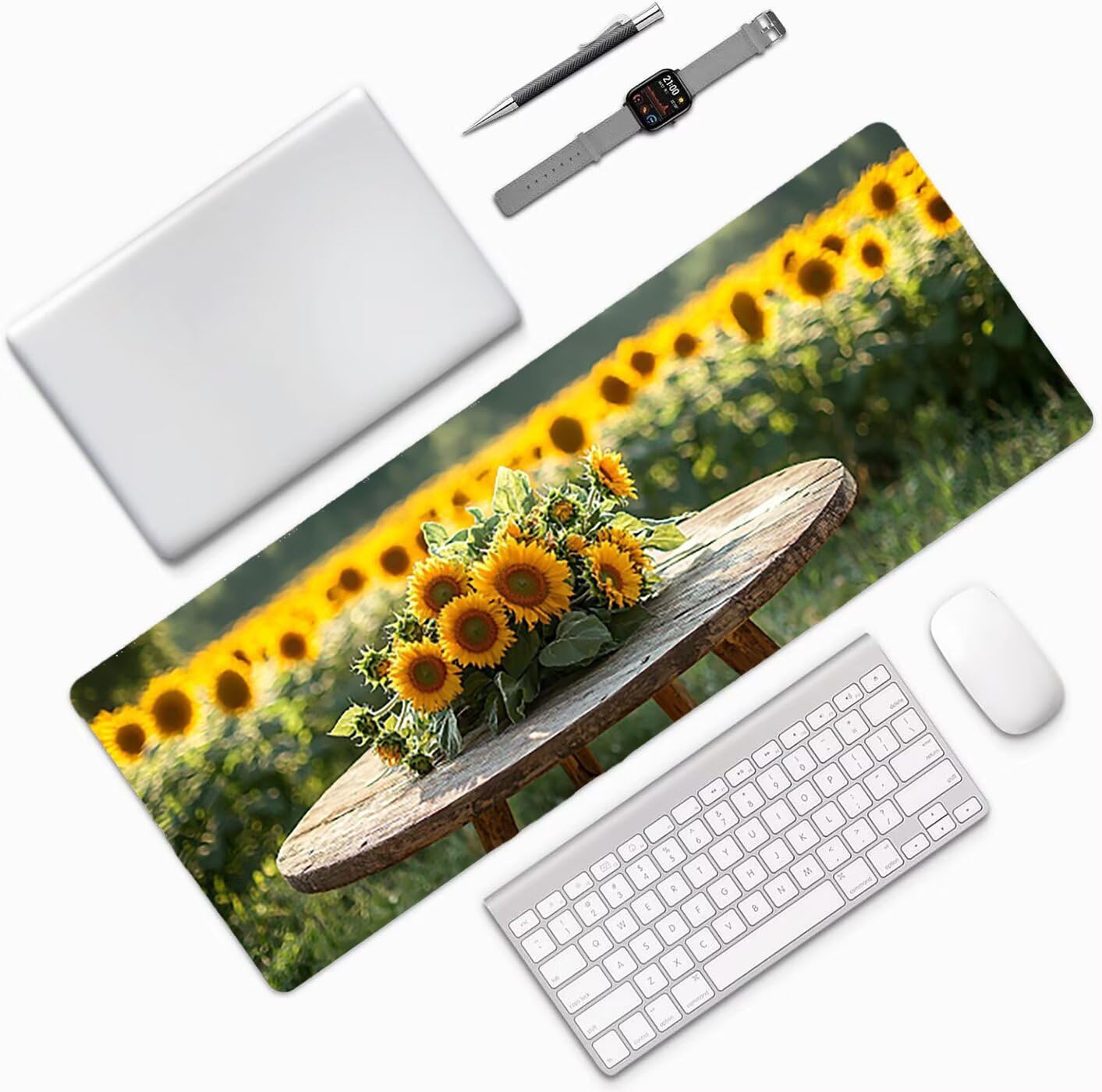 Lpfieonn Sonnenblume Schreibtischunterlage XXL, Gelb Schreibtischunterlagen Großes, Gaming Mousepad XXL mit ernähter Rand und Rutschfeste Gummibasis, Desk Mat für PC/Laptop/Mausa 120x60cm PF-3772