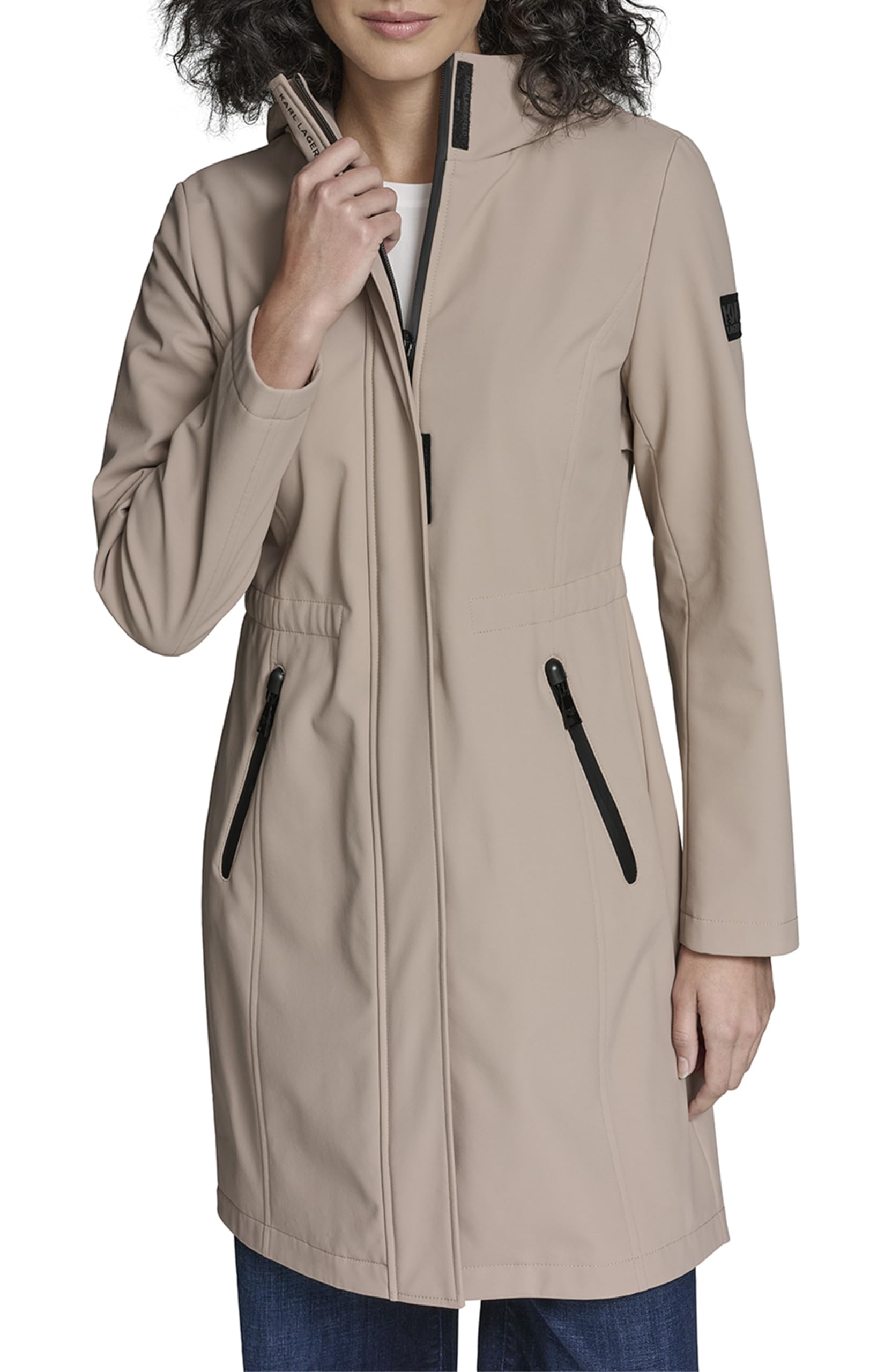 KARL LAGERFELD Women's Bonded Tech Rain Wear Anorak, Khaki, X