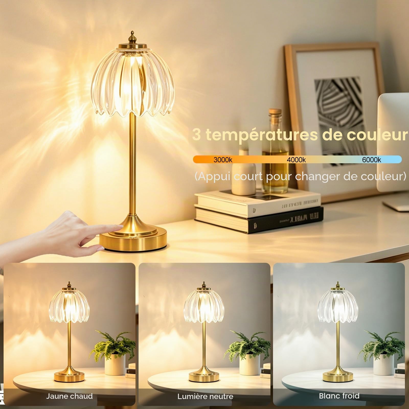 Lampe de Chevet LED Tactile, intensité variable, 3CCT, Vintage Lampe de table Sans fil Avec abat-jour en Verre Tulipe Rétro, Lampe de bureau Rechargeable, Petite Veilleuse pour Chambre Salon Chevet
