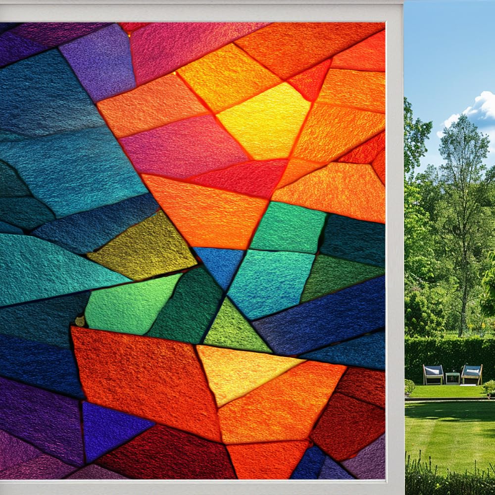 Pmlbaous Geometric Color Blocks Privacy Window Film, Colorful Abstract Texture Frosted Self-Adhesive Vinyl Cling For Glass Doors Bathroom Windows Sun Blocking Heat Control, （55X80cm）