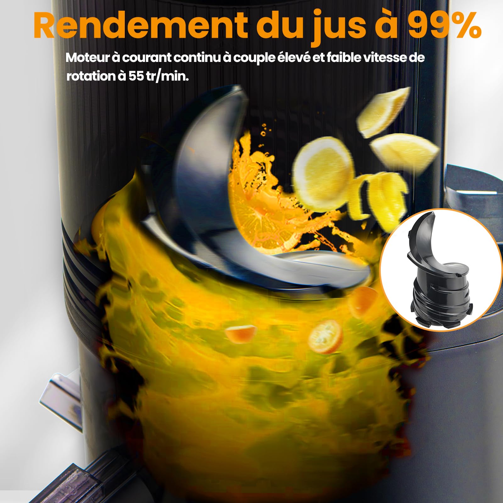Extracteur de Jus de Fruits et Légumes, Ouverture de 13.5cm capacité de 2L Machine a Jus de Fruit, Slow Jucier Facile à installer, Gris