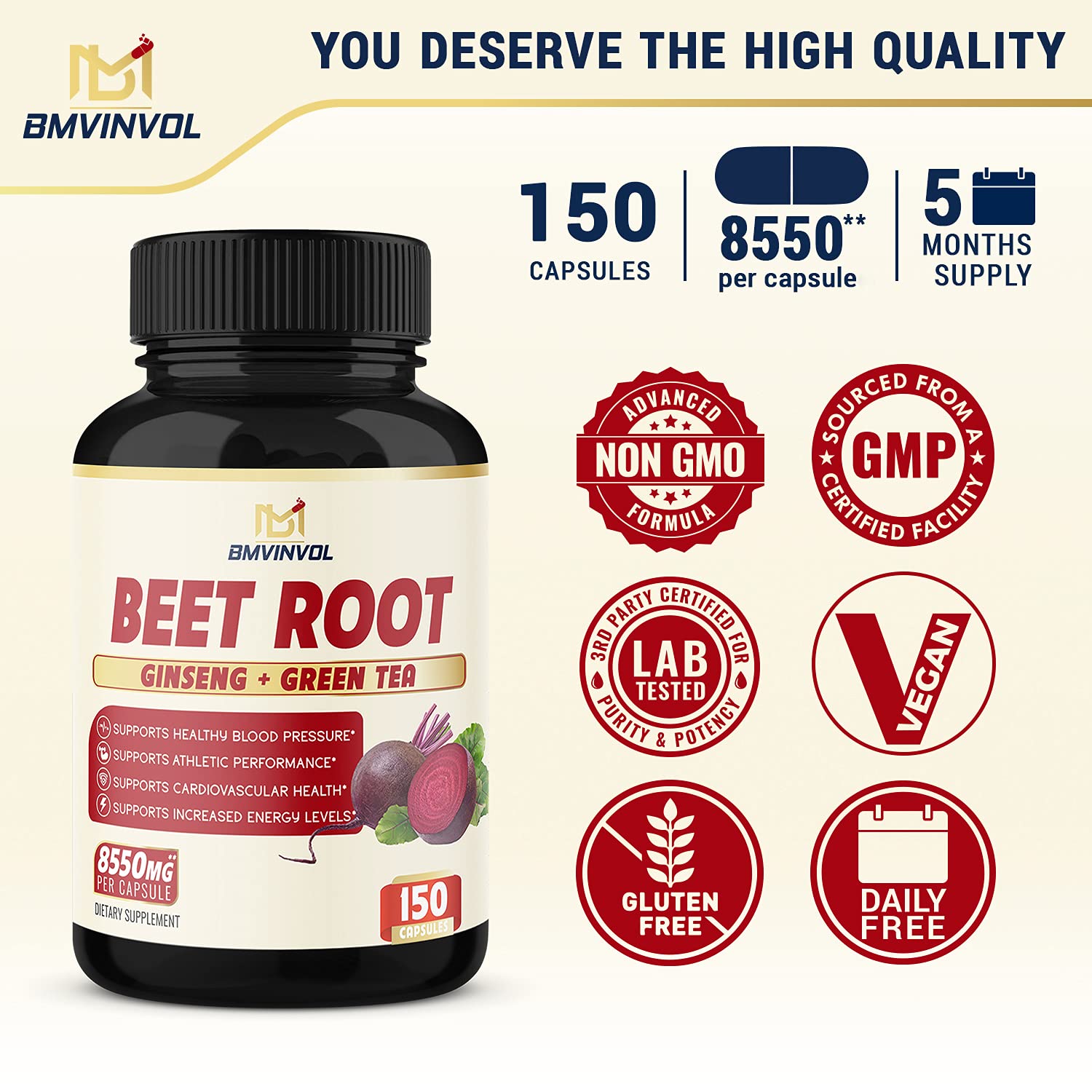 (5 Months Supply) Beet Root Extract Capsules 8550mg Herbal Equivalent
