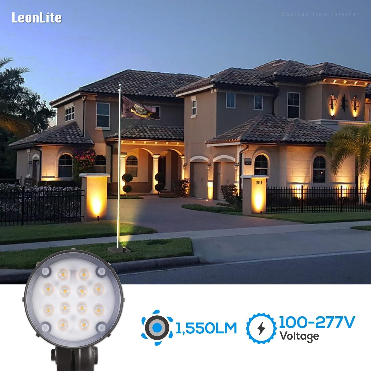LEONLITE 12W LED Bullet Flood Light with Knuckle Mount, 80W Eqv. 1550LM, 120-277V Commercial Outdoor Weatherproof Landscape Light,Flag Pole Light, UL-Listed, 3000K Warm White, Bronze - - 