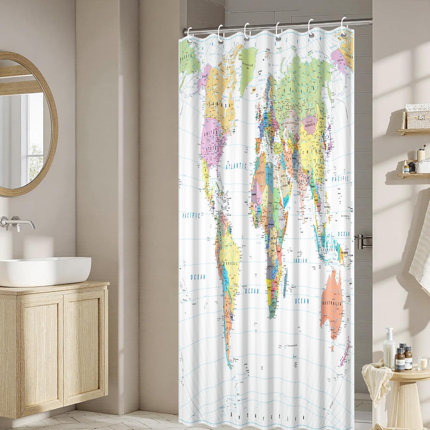 OERJU 36x72inch World Map Shower Curtain Educational Geography Countries Colorful Bath Curtain Waterproof Polyester Fabric Bathroom Decor Set with