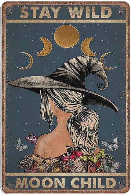 DAIERCY Halloween Tin Signs, Stay Wild Moon Child Poster, Funny Vintage Metal Sign Plaqu Poster Wall Art Pub Bar Kitchen Garden Bathroom Home Decor, 140 X 200 mm