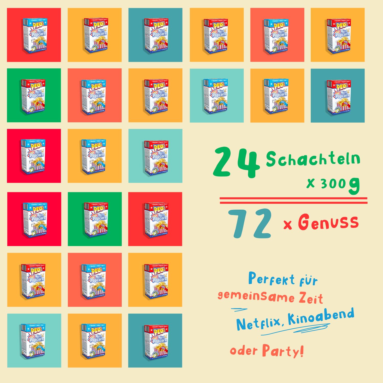 Peo's Palomitas de maíz para microondas 2 variedades mixtas en paquete de 72, 24 cajas (3 bolsas de 100 g, 12 saladas, 12 azucaradas)
