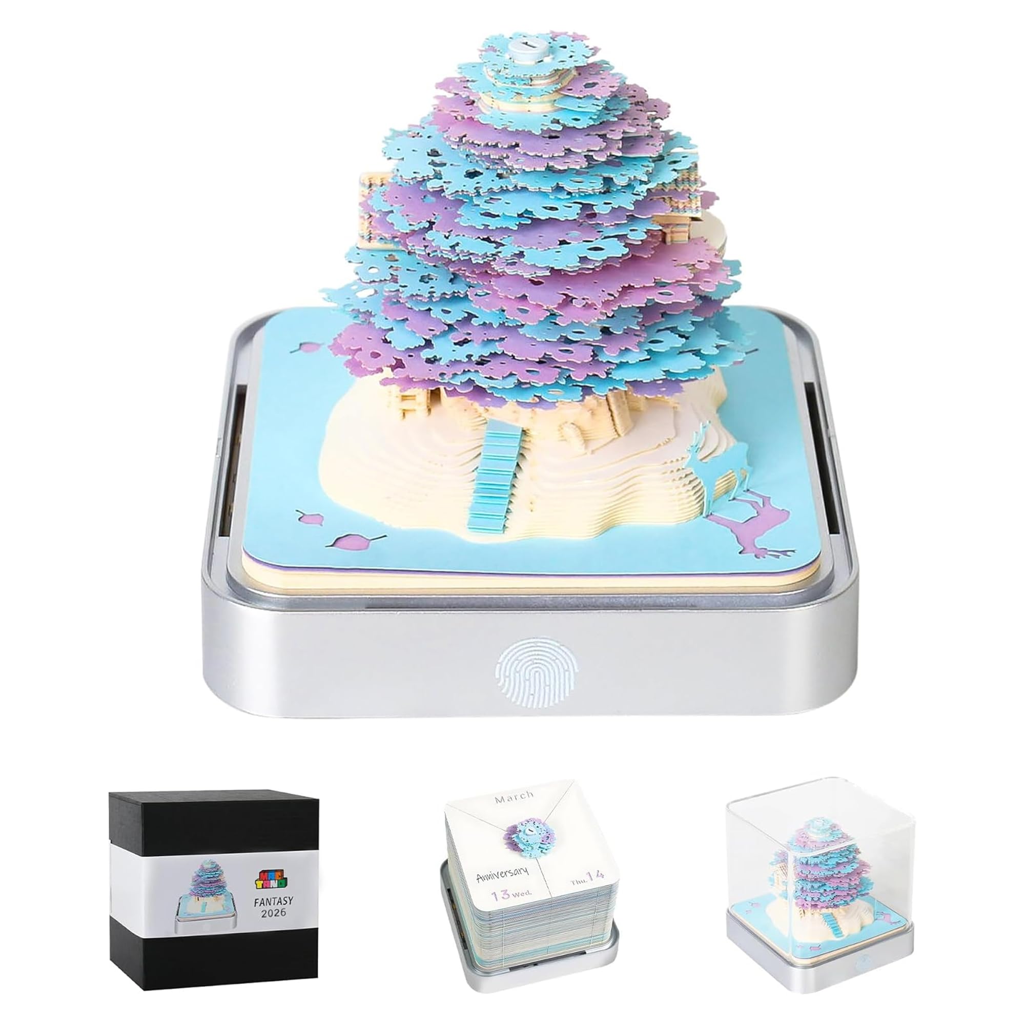 MACTANO 3D Art Calendar Memo Pad 2026, Timepiece Calendar Tear Away Treehouse Paper Carving Sticky Note Purple