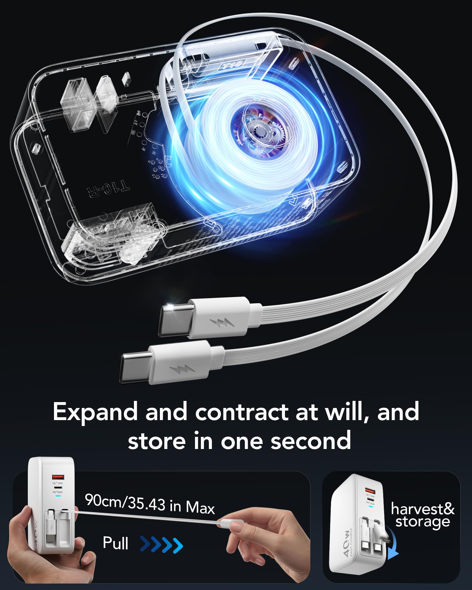 Bloc de charge GaN 4 en 1 pour iPhone 17, Travel Essentials Bloc de charge rapide 40 W Max Câble rétractable pour 2 types C, prise de chargeur de téléphone rétractable pour iPhone 17 Pro Max/16/15