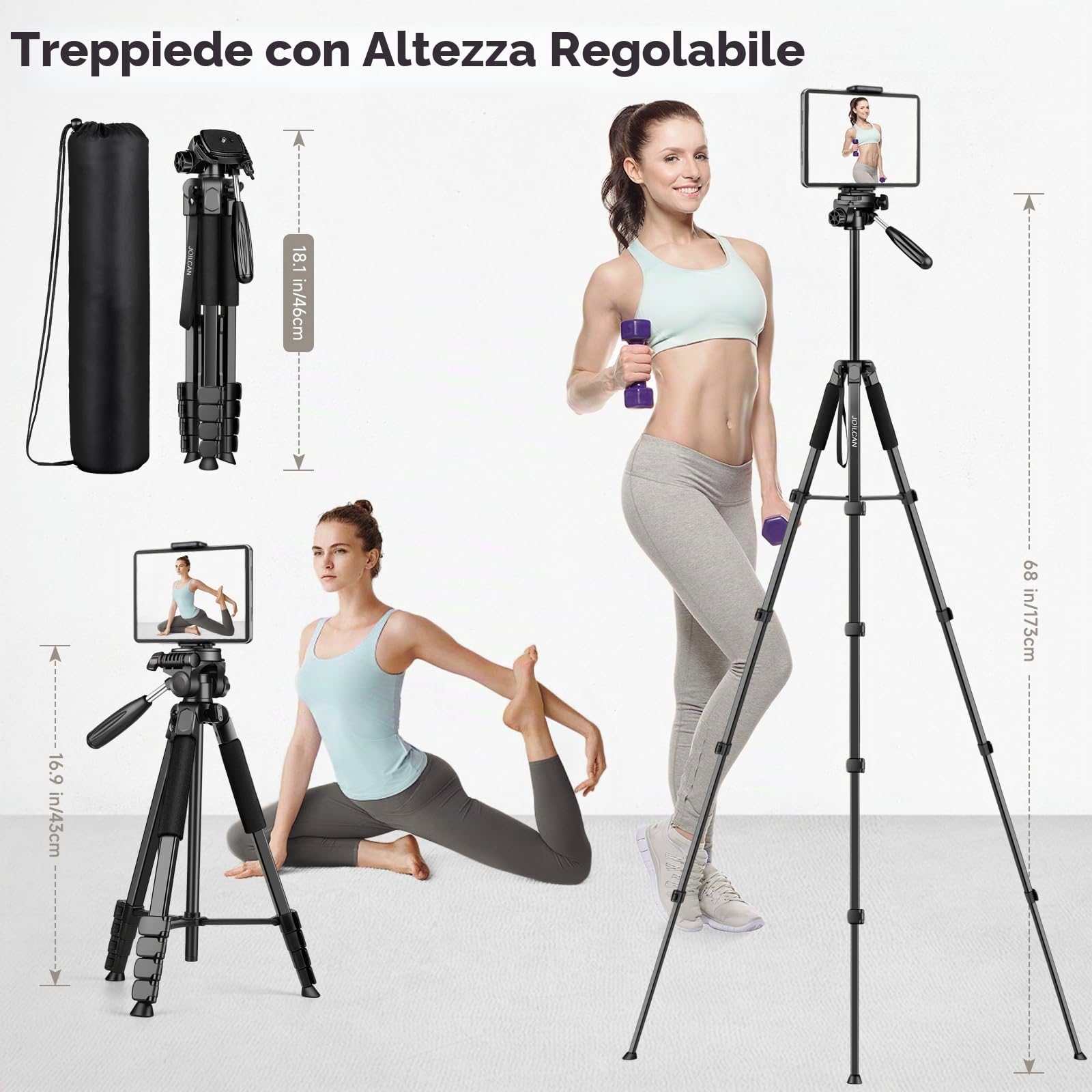 JOILCAN Treppiede Fotocamera, 173cm Leggero Treppiede per Cellulare/iPhone/iPad con Supporto Telefonico & Tablet, Treppiedi Smartphone in Alluminio con Borsa da Viaggio, Carico Massimo 3.6 KG