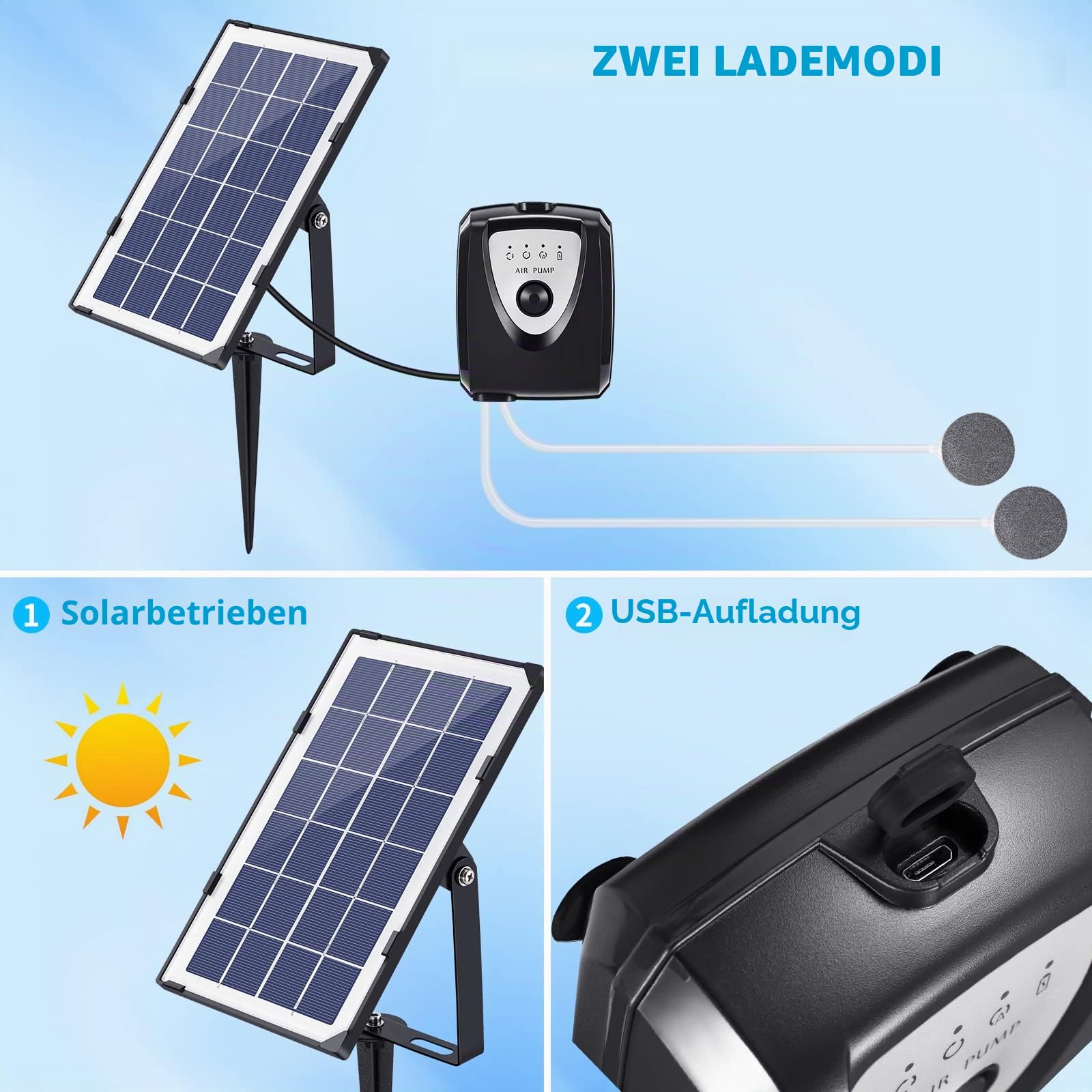 3W Solar-Teichbelüfterpumpe mit 2 Luftsteinen für Teich, Aquarium | 0,9 L/Min Luftleistung, Integrierter Überladungsschutz, Solar Betrieben ohne Stromkabel, Erhöht den Sauerstoffgehalt