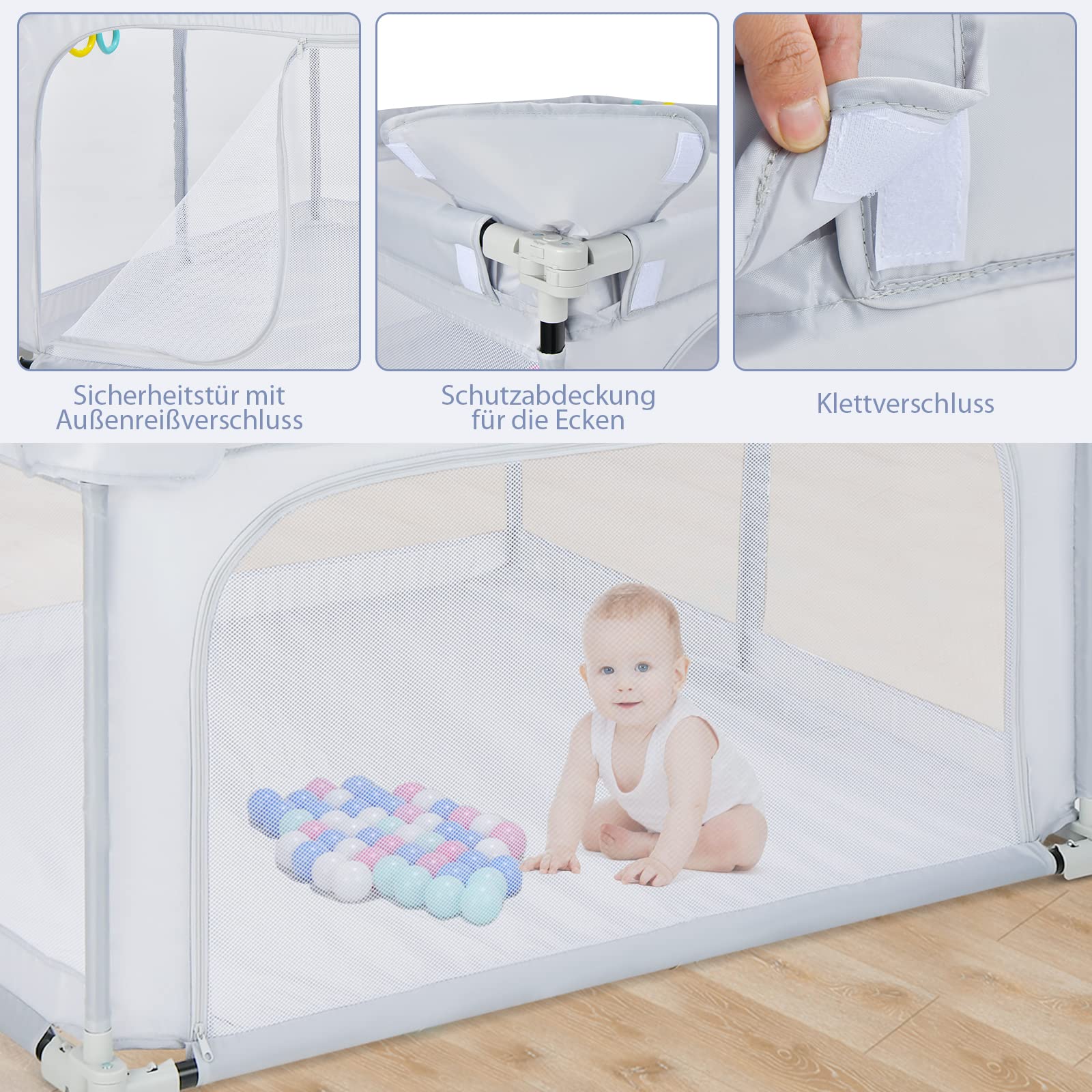 COSTWAY 124 x 124cm Baby Laufstall faltbar, tragbarer Laufgitter mit 50 Bälle, 4 Griffe, Verriegelungsfunktion, Krabbelgitter mit Netzwänden & Tür, Laufgitterzelt für Säuglinge & Kinder (Hellgrau)