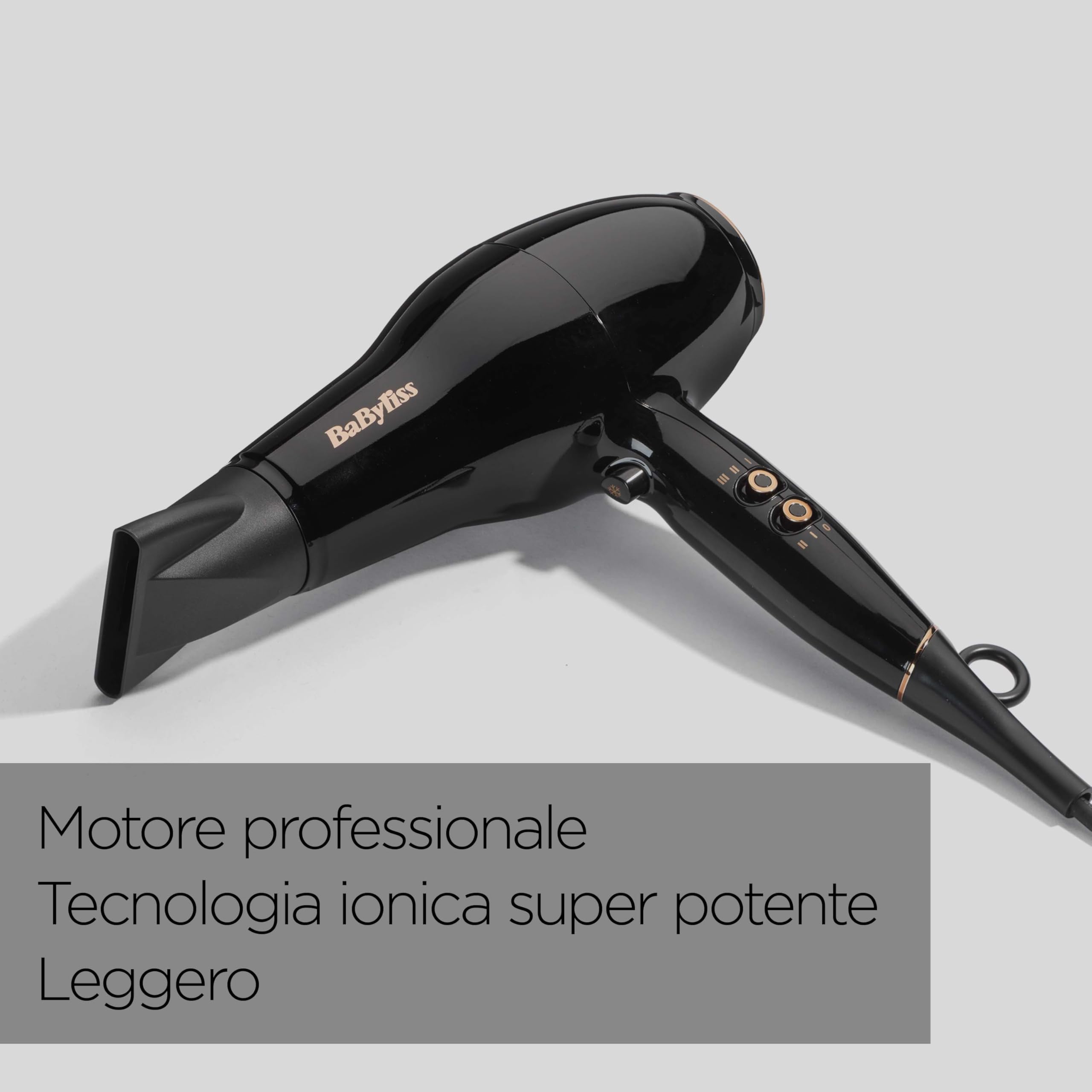 BaByliss Asciugacapelli con motore AC Professionale da 2300W, Phon Capelli, Funzione ionica anti-crespo, 3 temperature, 2 velocità, nero, D5245E