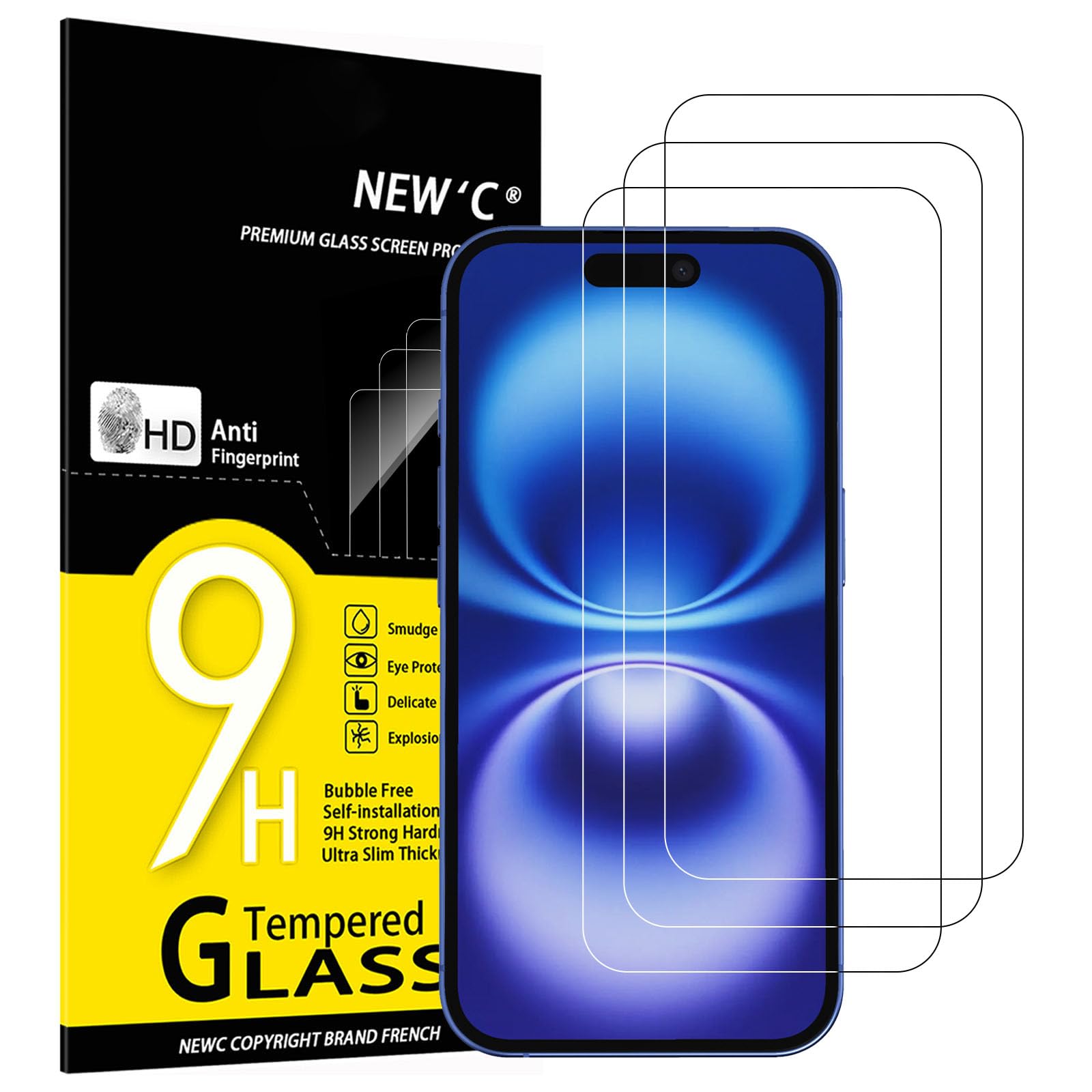 NEW'C 3 Pezzi, Vetro Temperato per iPhone 16 (6,1"), Pellicola Prottetiva, Senza Bolle, Durezza 9H, 0,33mm Ultra Trasparente, Ultra Resistente