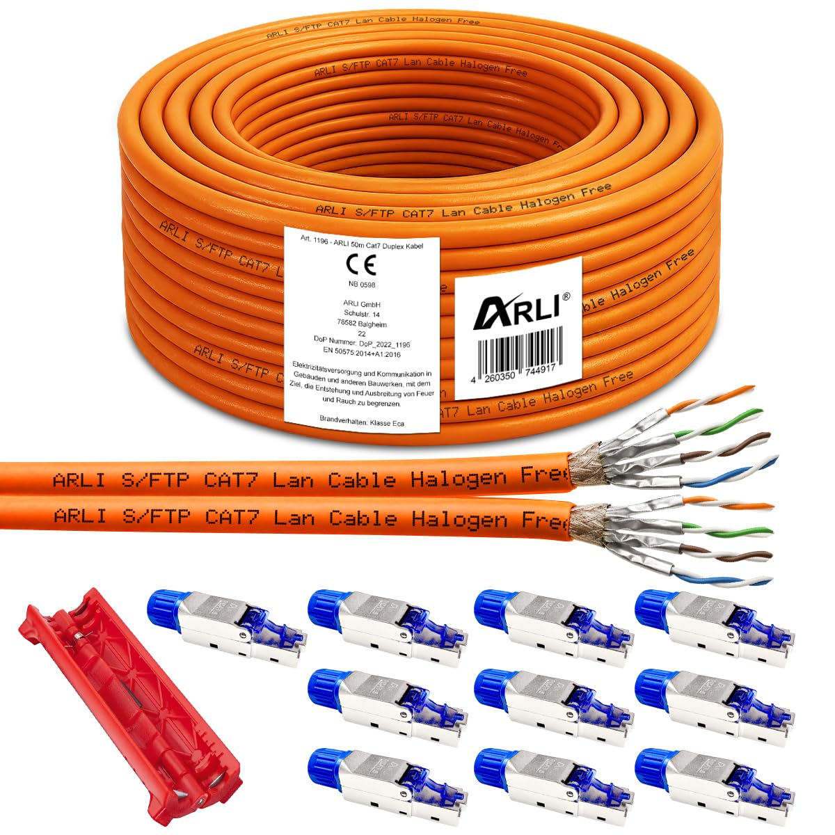 ARLI 50m Duplex Cat7 Verlegekabel + 10x RJ45 Netzwerkstecker Cat8.1 + Kabelmesser S/FTP doppelt geschirmt LSZH halogenfrei Werkzeuglose Montage Ethernet Twin Netzwerkkabel bis zu 10 Gbit/s 1000 MHz