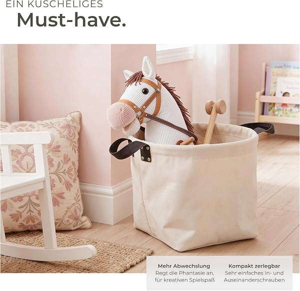 tectake® Steckenpferd mit kuscheligem Plüsch, Hobby Horse Pferde, Holzstab mit Doppelrolle, seitliche Griffe, 130 cm, Spielzeug, Spielpferd, Kinderspielzeug, Holzspielzeug, Motorikspielzeug - weiß - 3