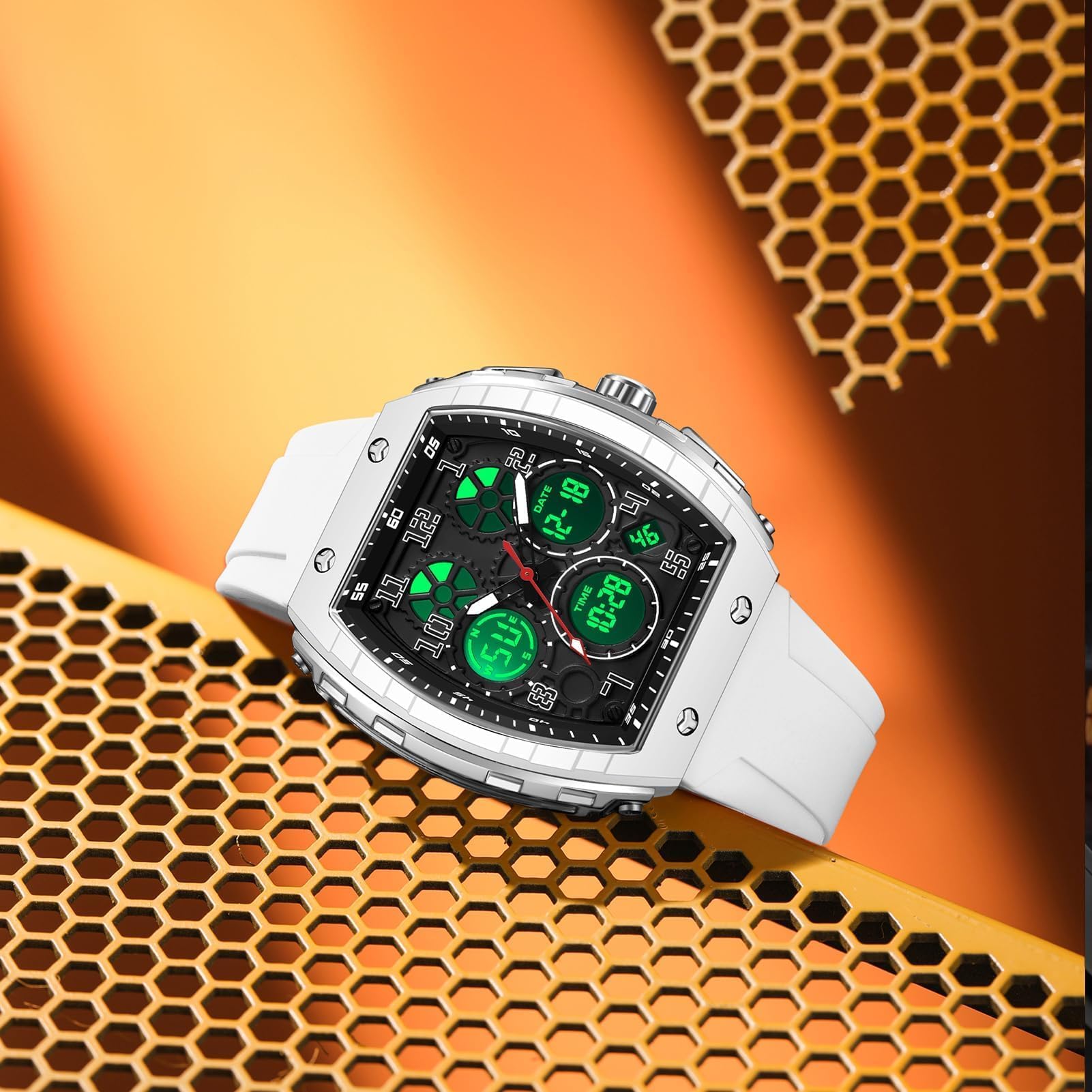 findtime Montre Militaire Homme Sport Design Unique Cadran Rectangulaire, Affichage Numérique Analogique, Double Fuseau, Chronomètre Étanche 5ATM, Style Punk
