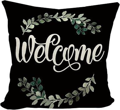 Mancheng-zi Welcome 18x18 Porch Decor, Outdoor Pillow Covers - Patio & Farmhouse Porch Deco, Black
