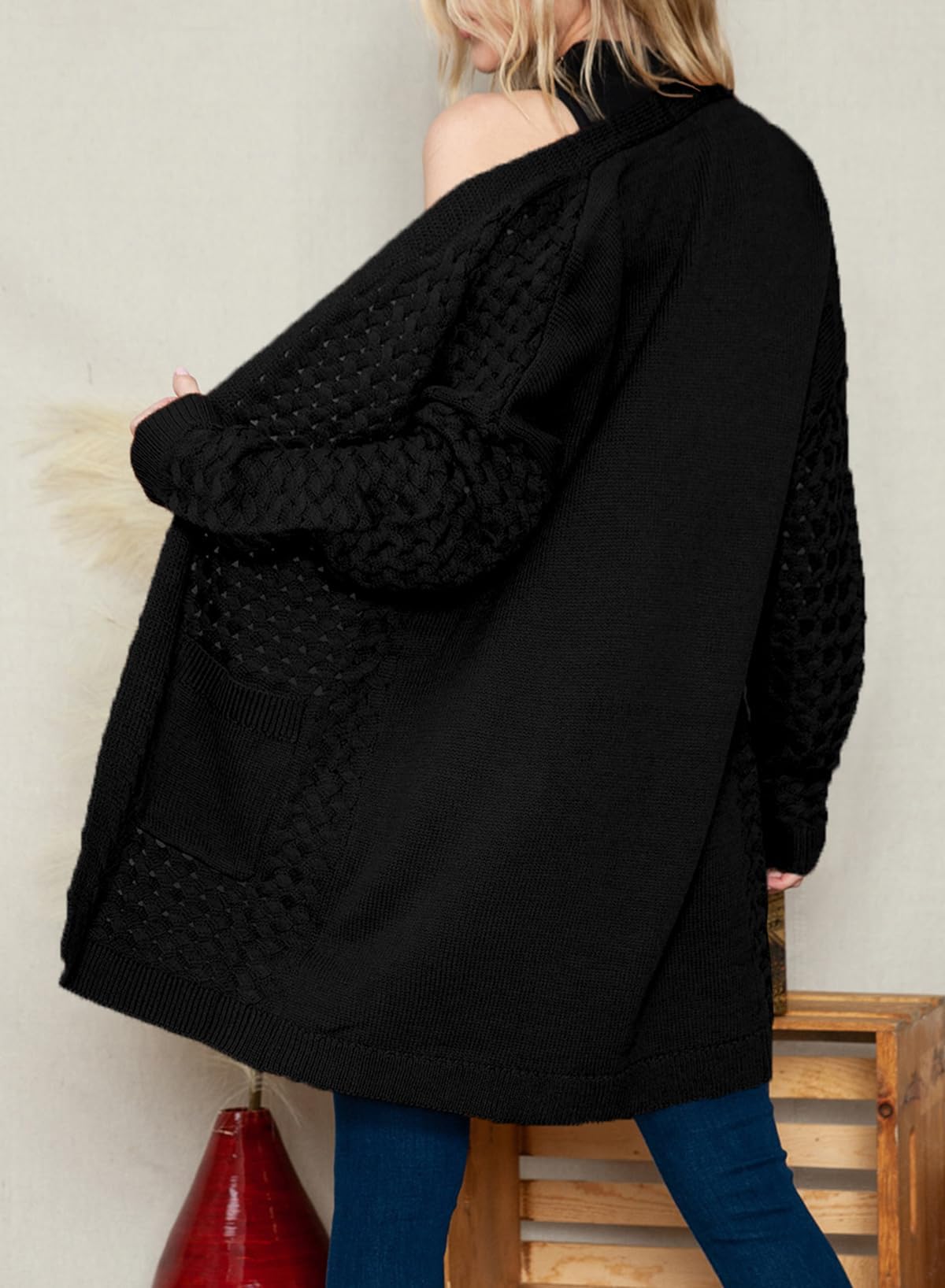 Chaqueta larga de punto para mujer, chaqueta de punto frontal abierta, abrigo con bolsillos, ropa exterior holgada informal para uso diario, Negro , S