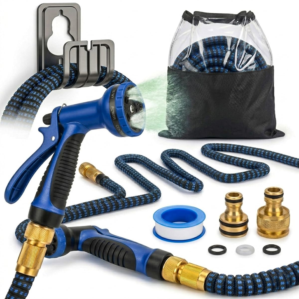 25 FT Expandable Garden Hose Pipe with 10‑Function Heavy Duty Spray Nozzle (Blue and Black)