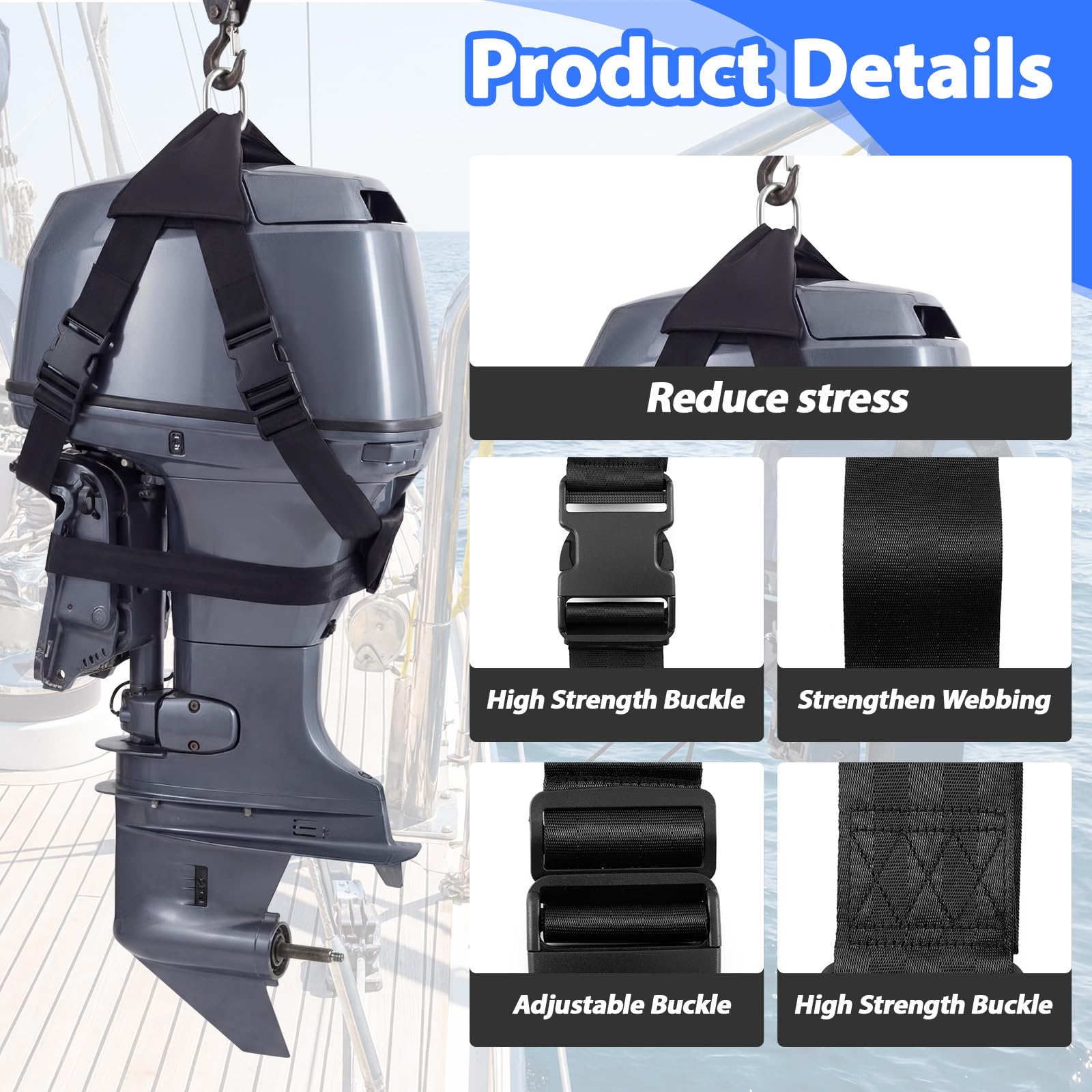 Arnés de elevación de motor fueraborda para motor fueraborda de 2 HP a 30 HP, correas de elevación de alta resistencia, bolsa universal para motor