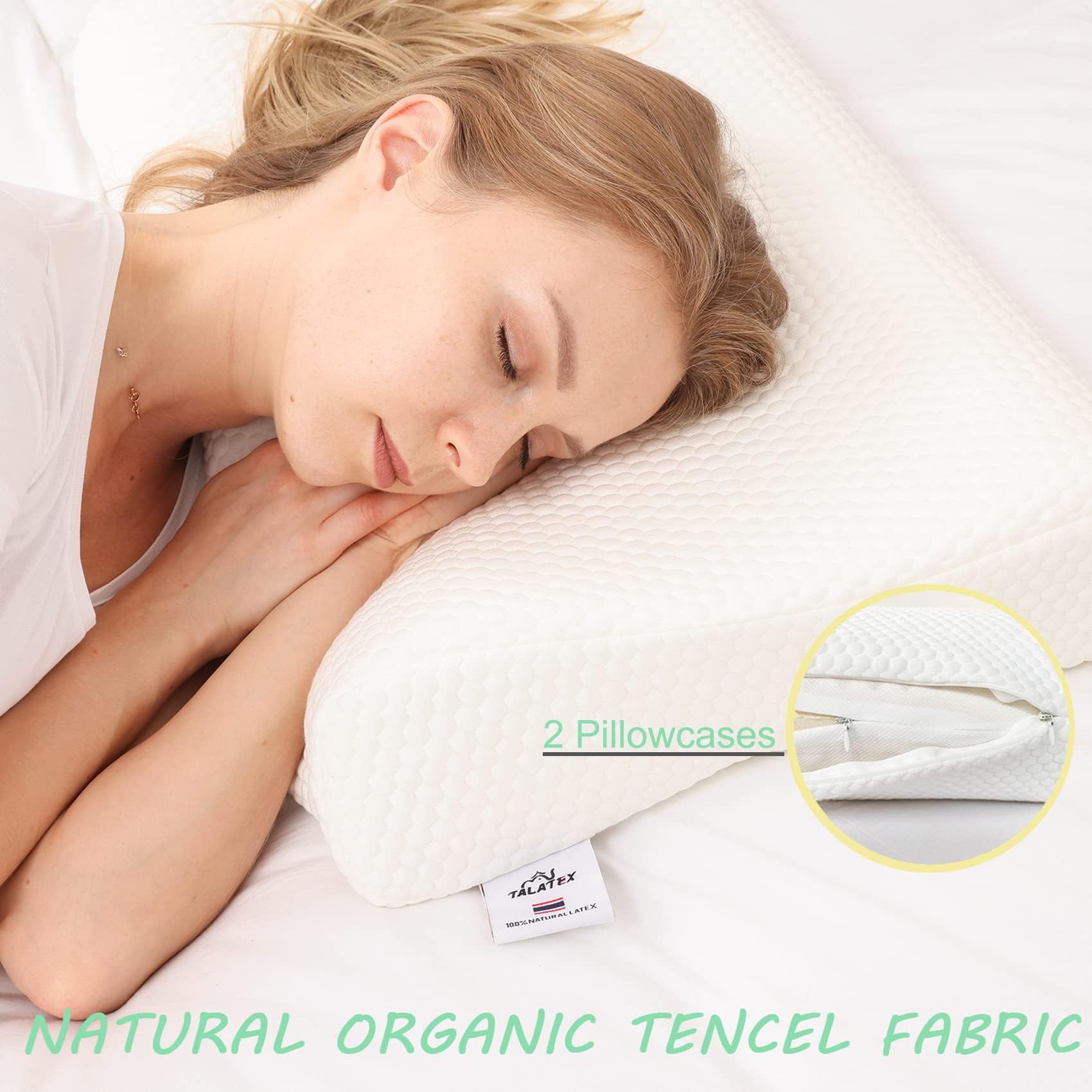 Talatex Almohada ergonómica de látex para aliviar el dolor de cuello y hombros, diseño Dunlop natural ajustable, soporte firme medio, funda transpirable y lavable, regalo perfecto para dormir