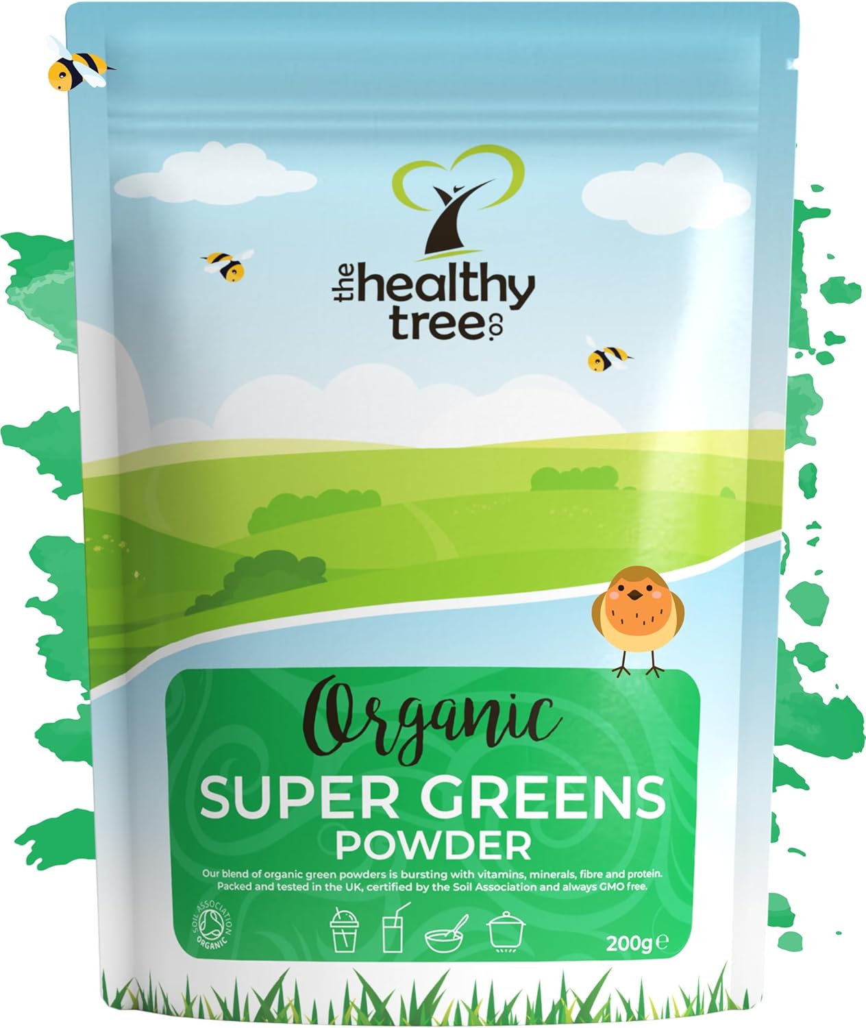 Organic Green Powder Superfood Blend 200g, with Chlorella, Spirulina, Wheatgrass and Barley Grass – High in Fibre, Vitamin B12 and Iron by TheHealthyTree Company