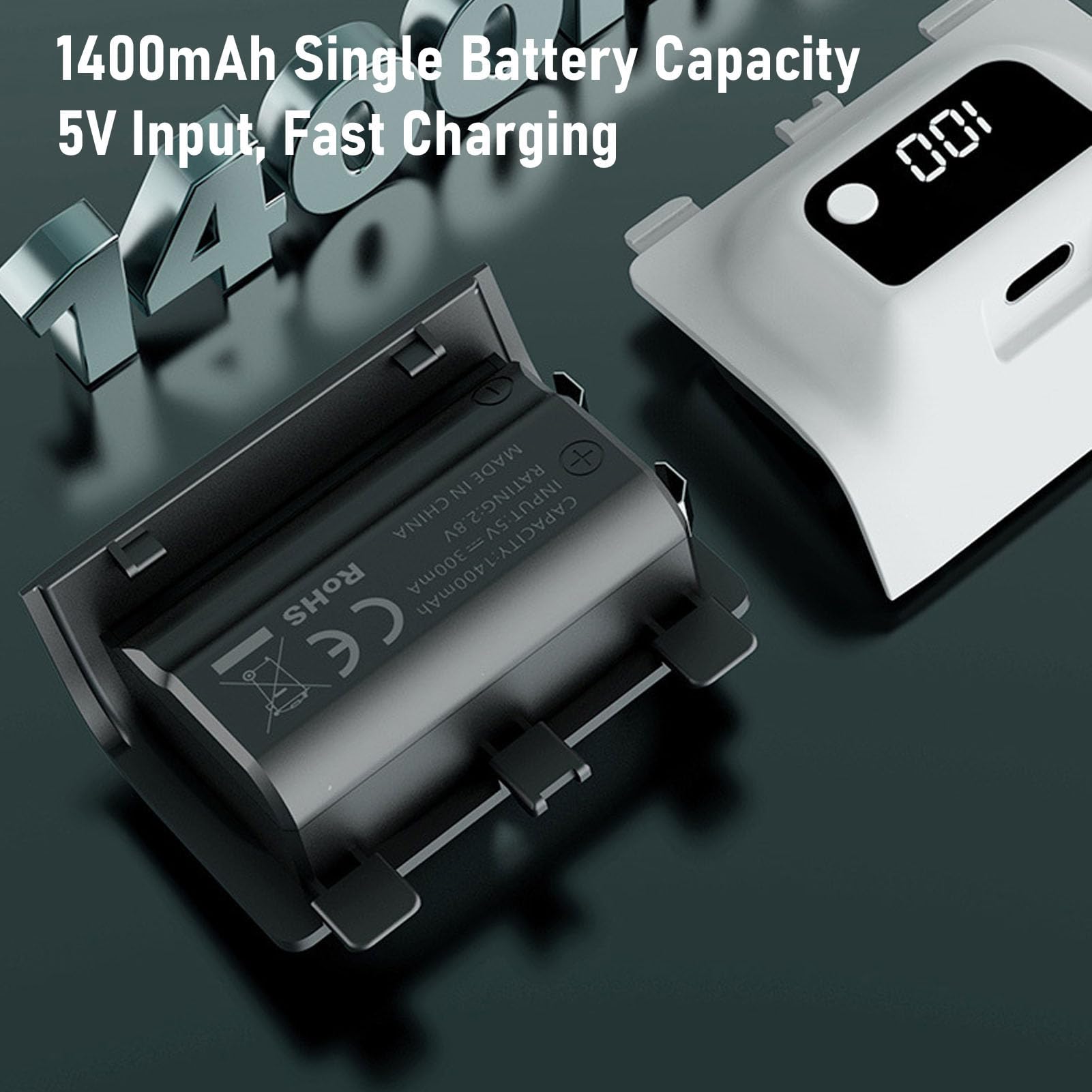 Controller-, 1400 MAh, Intelligenter Wiederaufladbarer LED-Digitalanzeige-Controller- mit Typ-C-Ladekabel, für X S Gaming-Controller (Black)