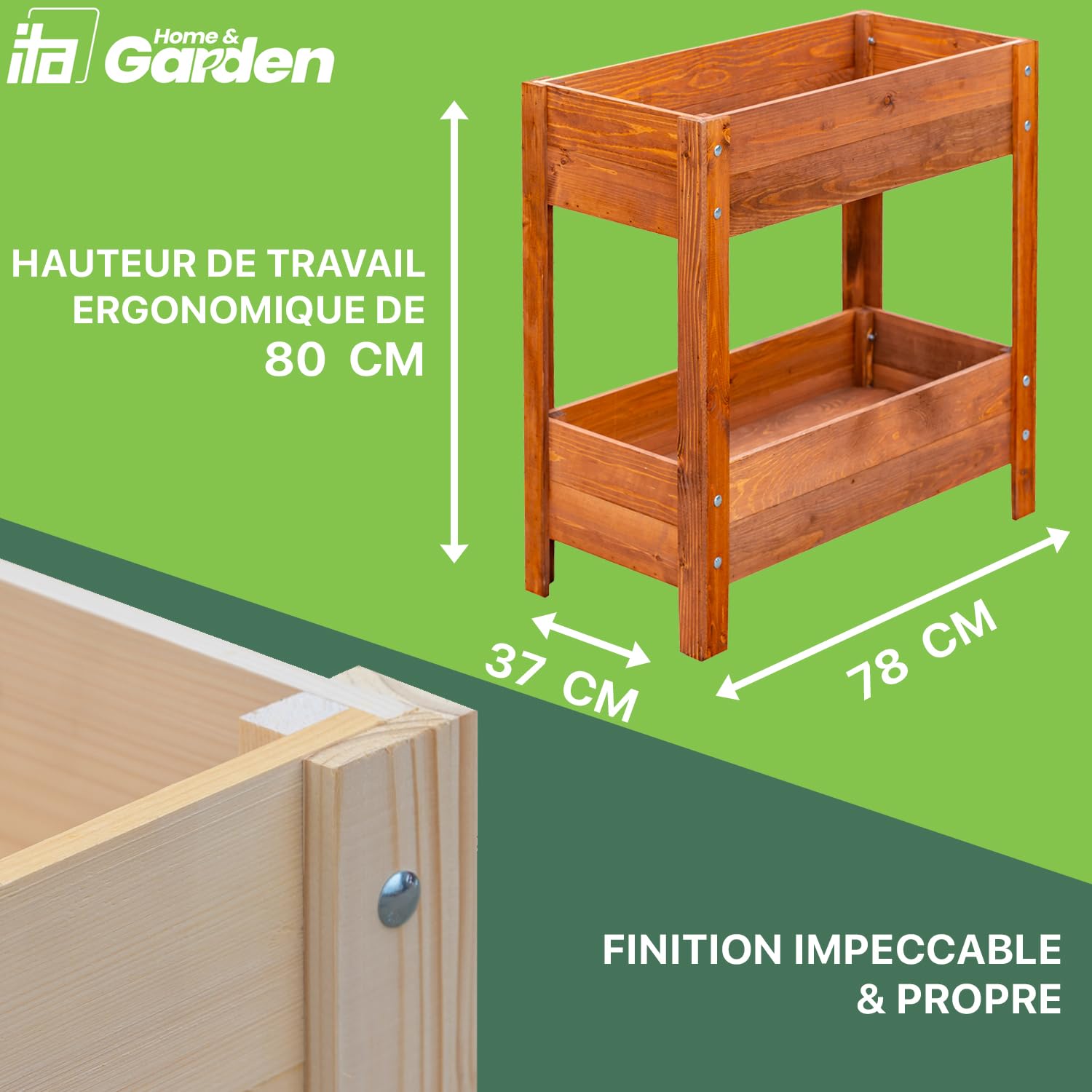 ITA Carré Potager surélevé en Bois - Mini Serre Châssis Incluse - 2 Jardinières sur Pied avec Feuille de Protection - pour Fleurs, légume, Herbes - Nature