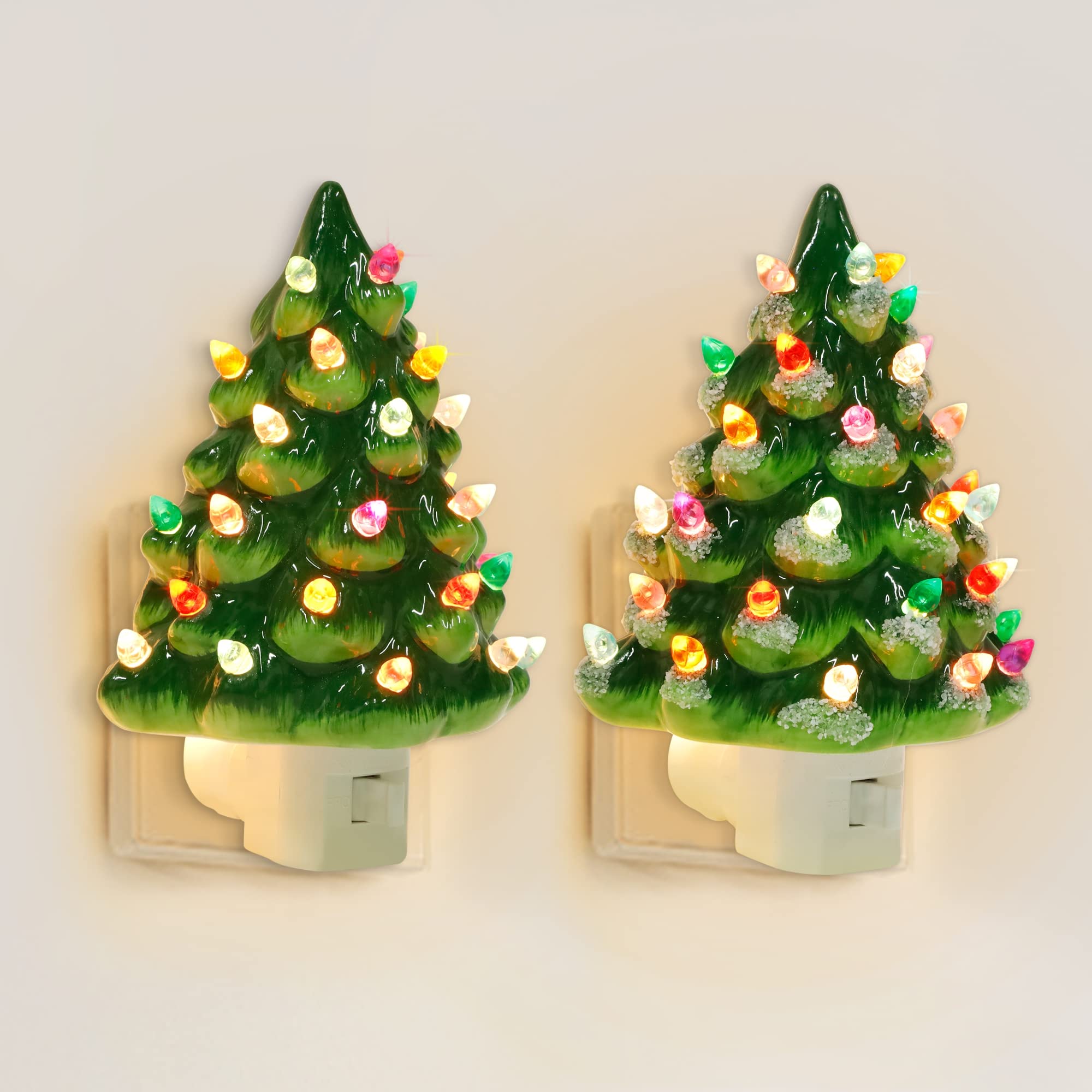Blissun Set of 2 Ceramic Christmas Tree Night Light, 6" Christmas Decorative Ceramic Tree