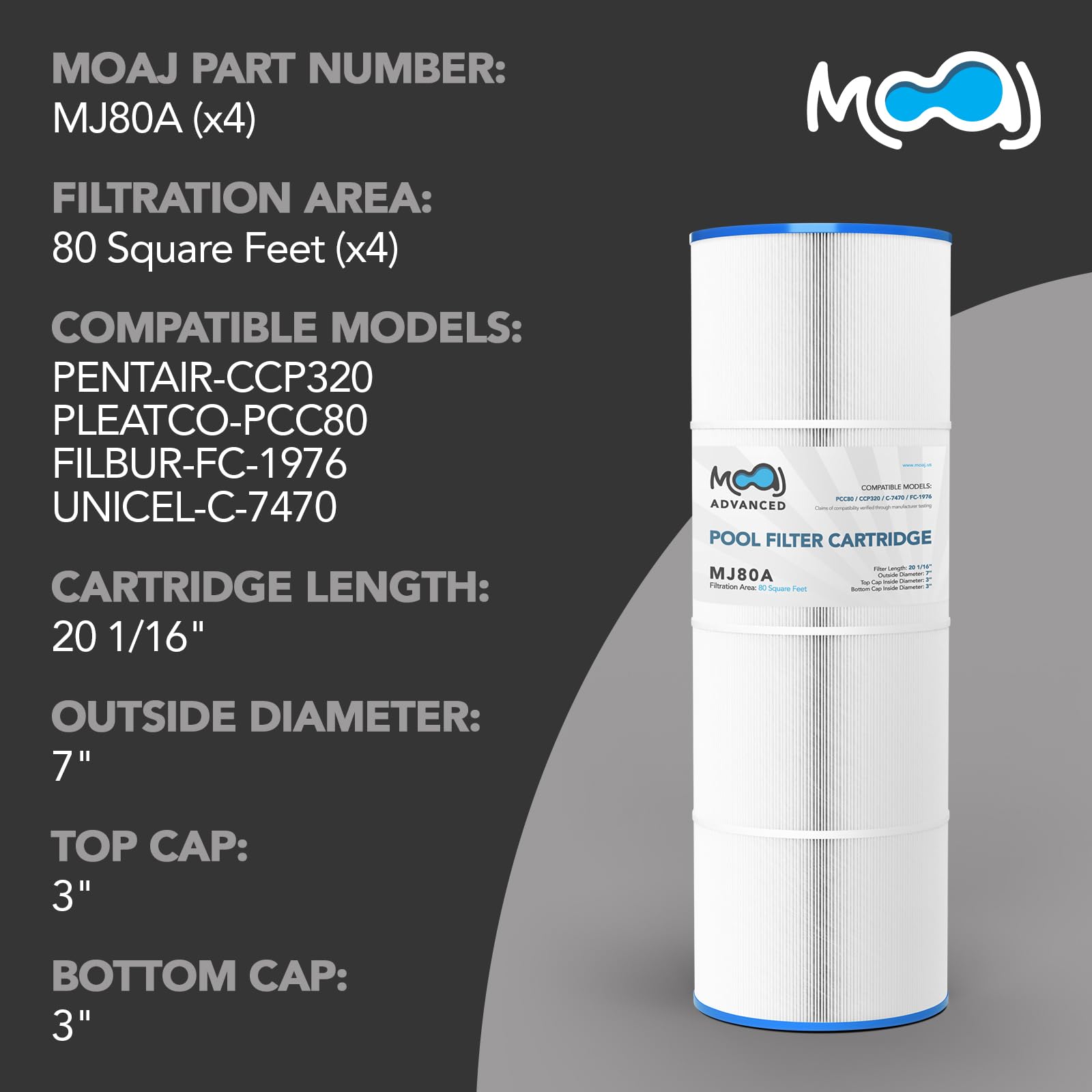 MOAJ Advanced Pool Filter 4-Pack Replaces Pentair CCP320, Clean and Clear Plus 320, R173573, 160340, PCC80, PCC80-PAK4, Filbur FC-1976, C-7470, Crystal Water 325 | 20 1/16