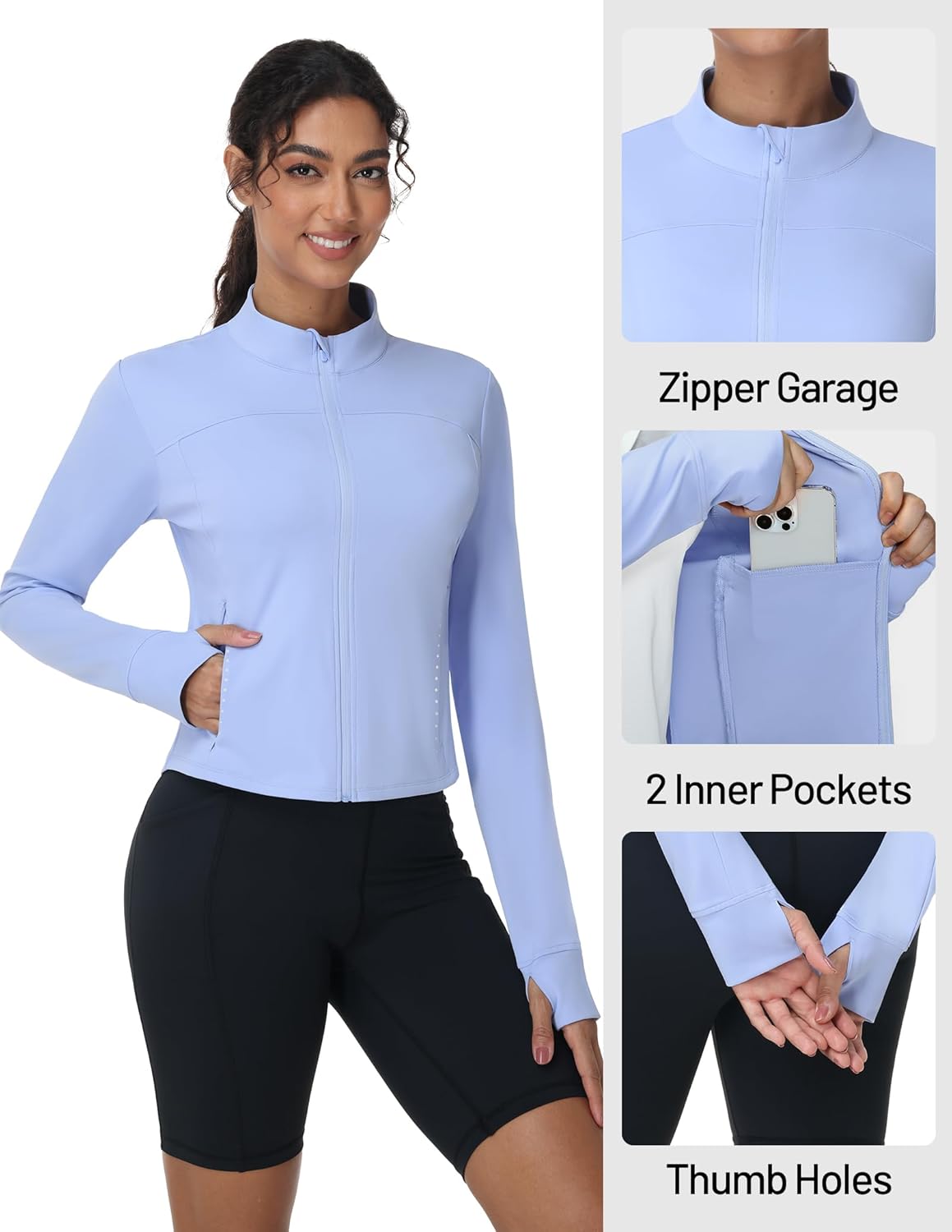 MIER Womens Workout Jackets Full Zip Up Cropped Slim Fit Lightweight Athletic Running Track Gym Tops, Thumb Holes & Pockets - Image 4